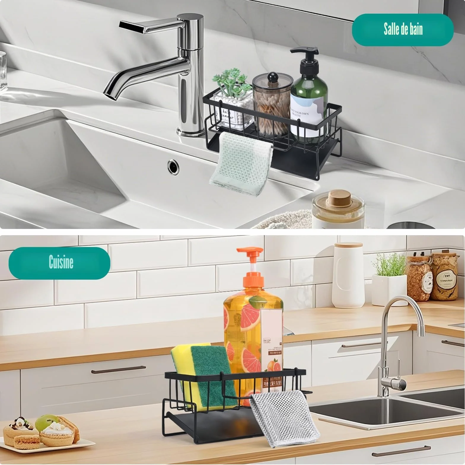 Support d'évier de Cuisine en Acier Inoxydable, Organisateur avec Bac de Vidange Automatique, Noir