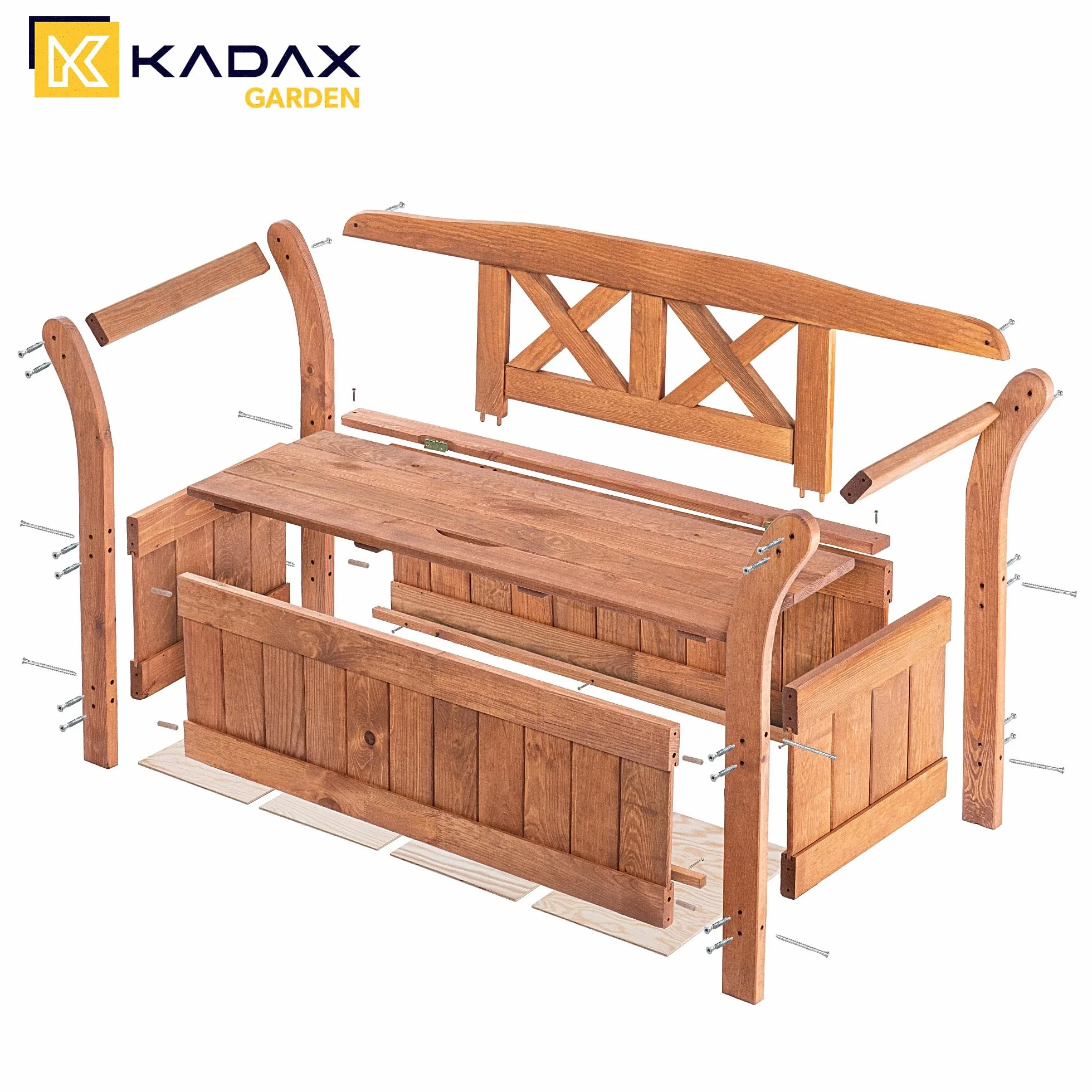 KADAX Banc de Jardin 119x43x75 cm Panneau de Fibres de Bois avec Rangement Dossier Résistant aux intempéries Chêne doré