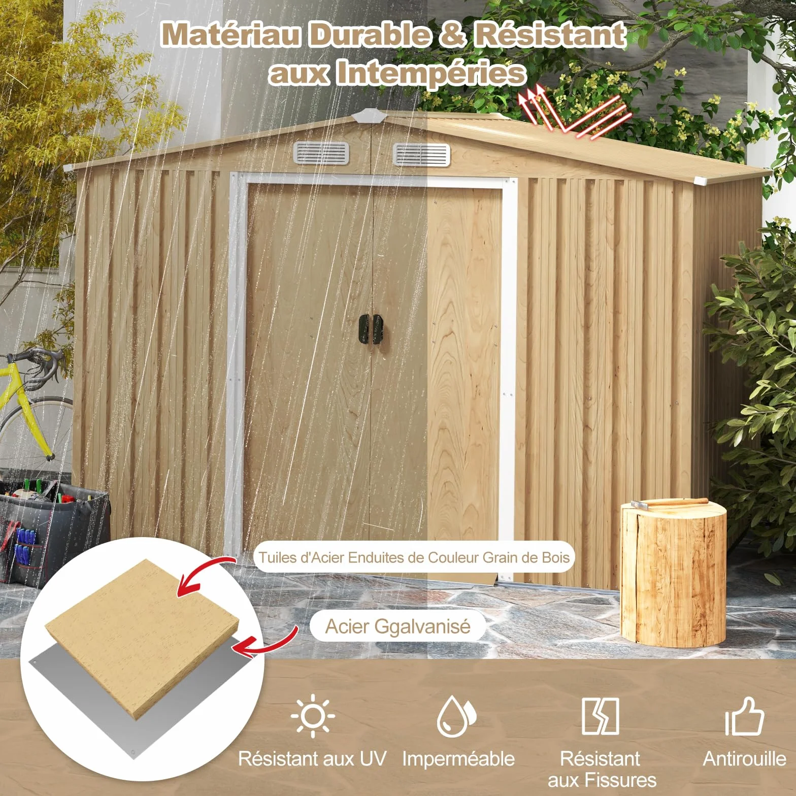 COSTWAY Abri de Jardin 5㎡ Acier Galvanisé Anti-UV 259x196x184 cm Cabane Exterieur 7m³ Porte Coulissante
