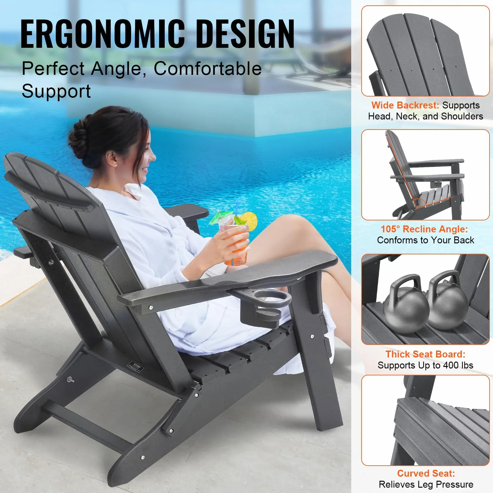 VEVOR Chaise Adirondack en Plastique, Lot de 2, Fauteuil de Jardin Pliant Portable, Charge 181,4 kg, avec Porte-Gobelet, Accoudoir Relaxant, pour Toutes Saisons, Extérieur, Patio, Arrière-Cour, Gris