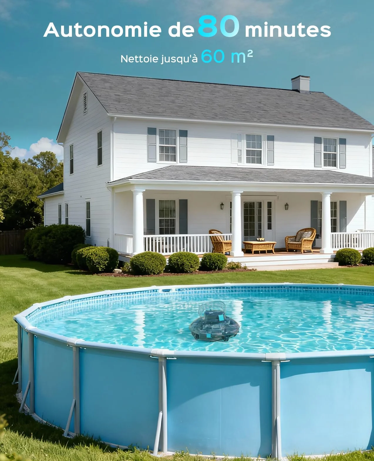 Winny 200P Robot Piscine sans Fil, Aspirateur Piscine Autonomie 80 Min, Double Filtration, Stationnement Automatique