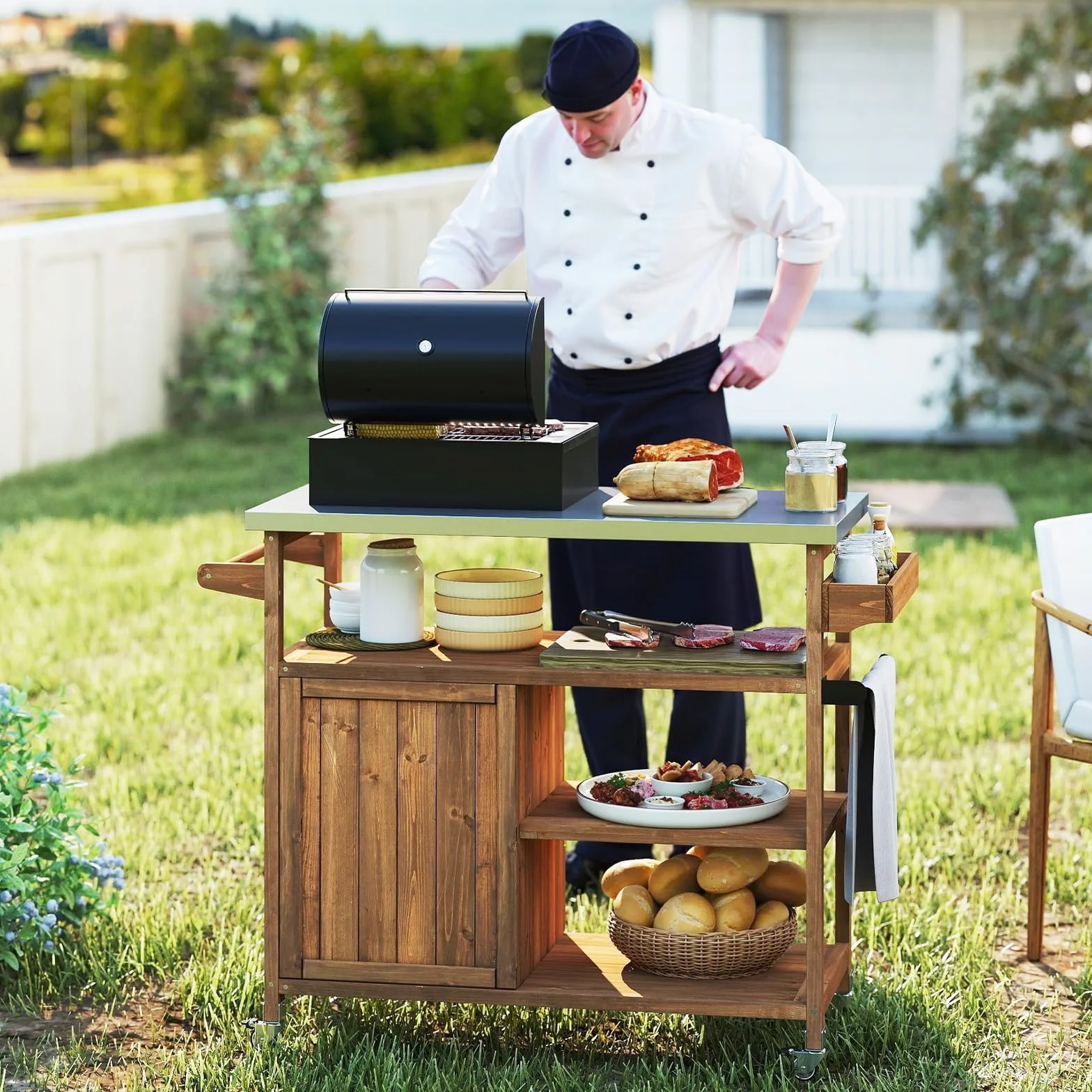 GOPLUS Desserte Jardin Barbecue en Bois, Plan de Travail Acier Inoxydable, 3 Étagères, 4 Roulettes, 47x118x92 cm