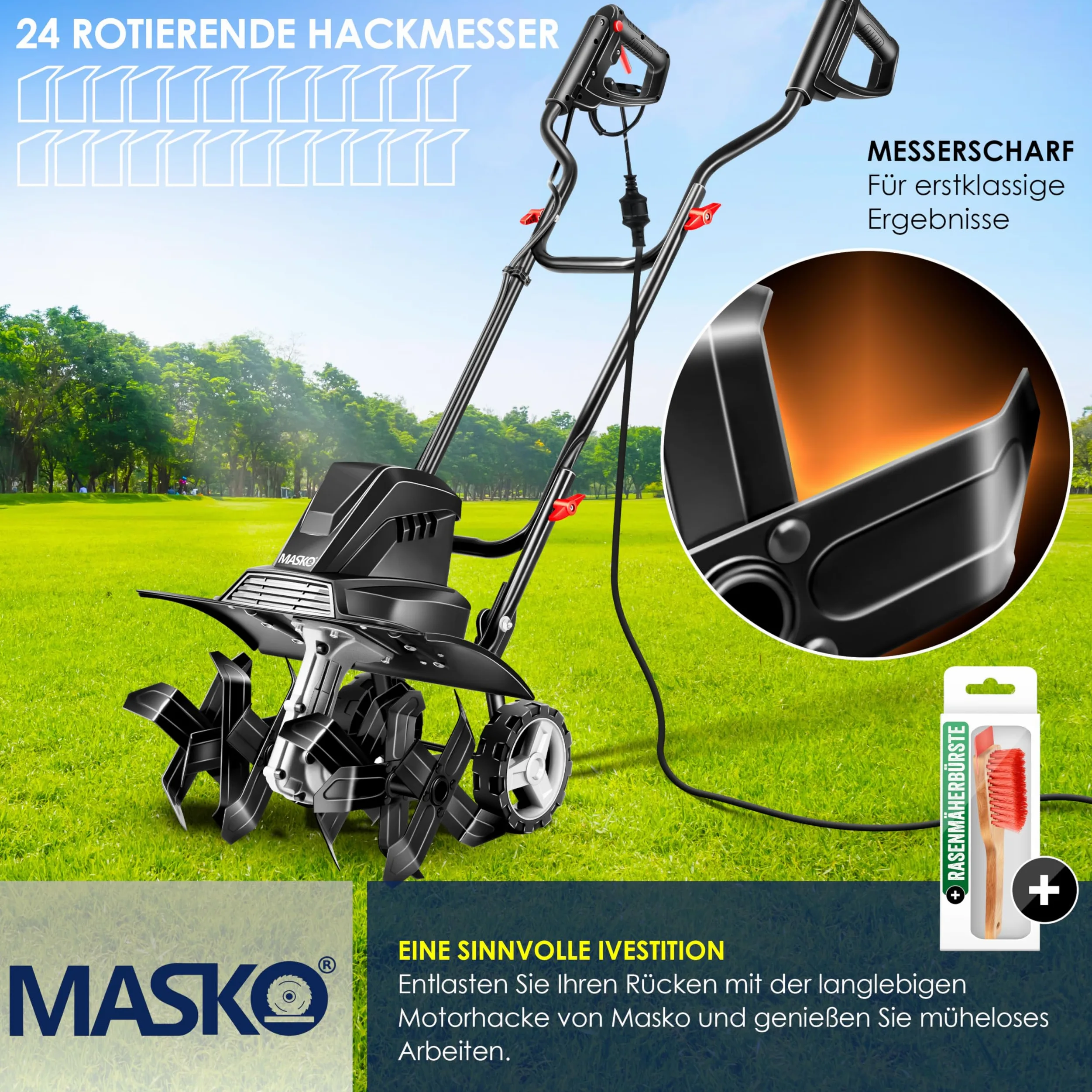 MASKO® Motobineuse électrique 1 500 Watts | 40 cm de Largeur de Travail, 20 cm de Profondeur de Travail | Bineuse | Motoculteur à Fraise | Cultivateur | Fraiseuse de Jardin | Bineuse électrique, Noir
