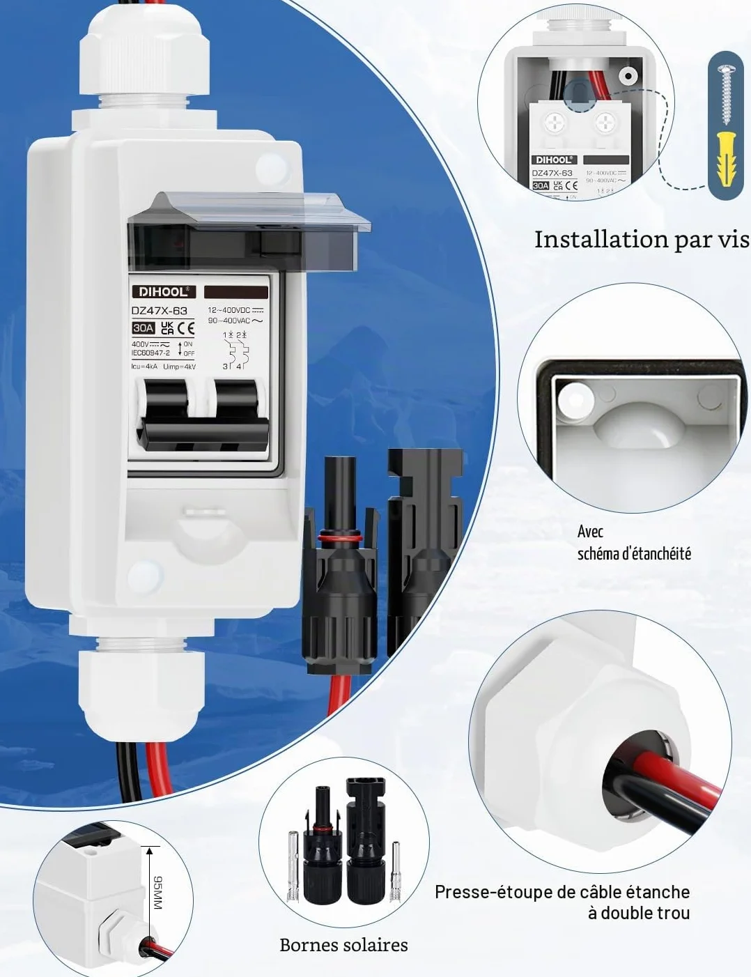 DIHOOL Interrupteur de déconnexion miniature DC 12V-400V IP65 pour MCB solaire 30A