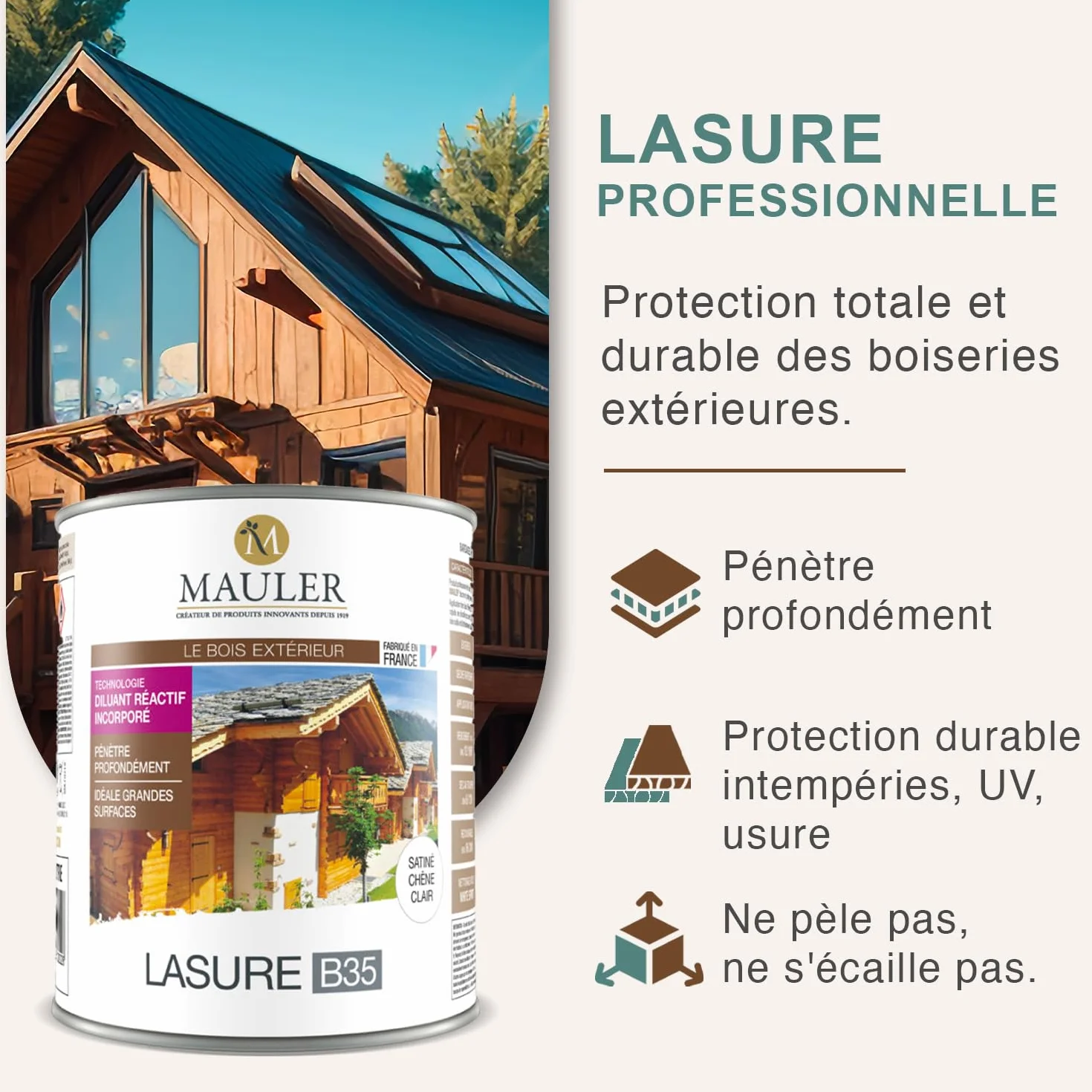 Lasure professionnelle pour bois extérieur 1L Satiné Chêne Clair Protection UV Mauler B35