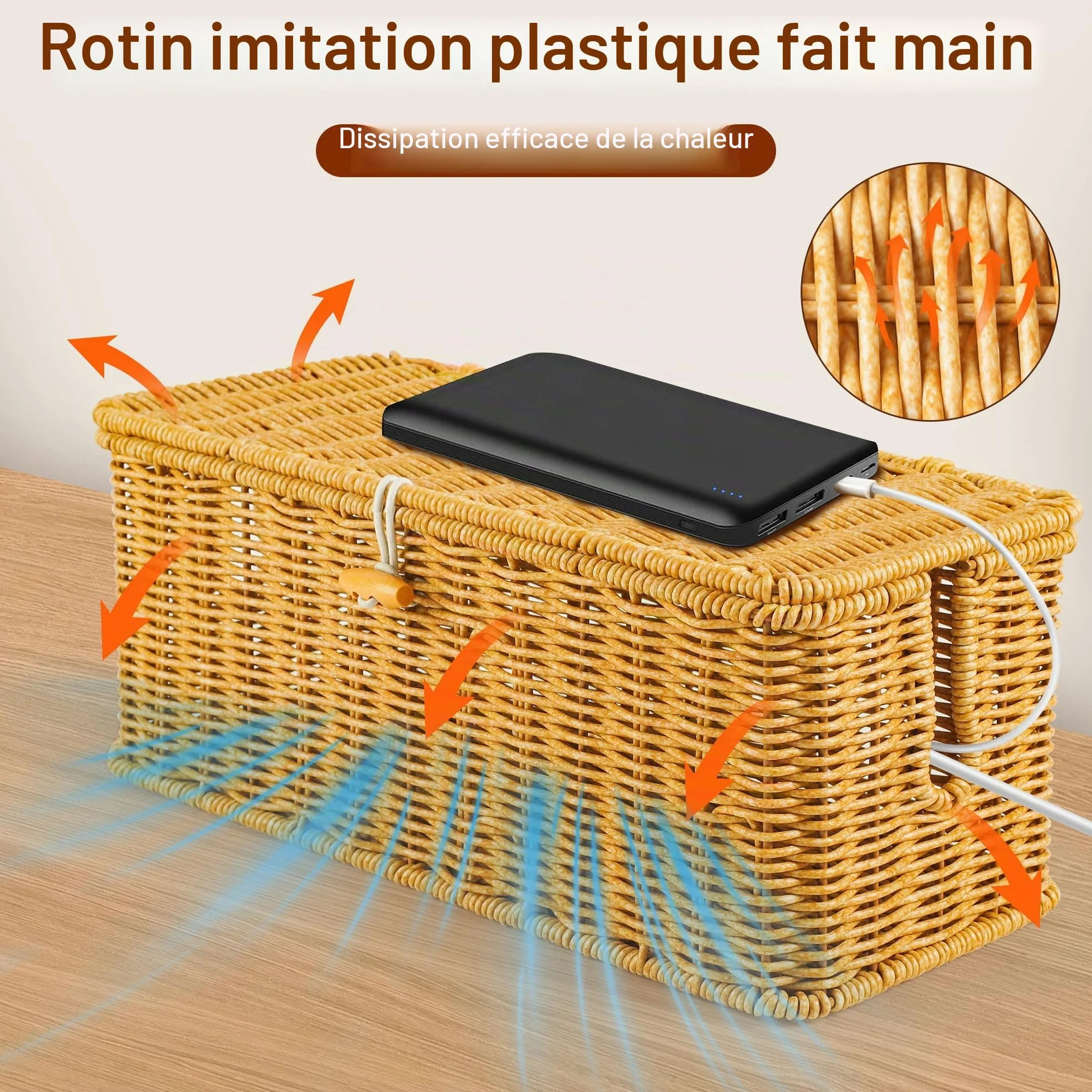 Gucass Lot de 2 Boîte Rangement Câble avec Couvercle, Boîte Organisation Câbles Rotin, Multiprise Cacher Câbles Grande Moyenne