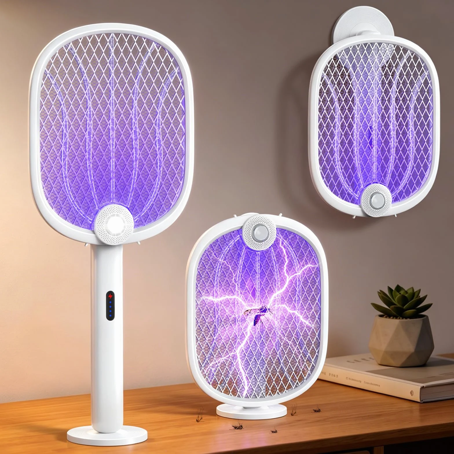 Raquette Electrique Insectes 4000V, Anti Moustique Pliable 180° avec Piège UV, Rechargeable 1800mAh