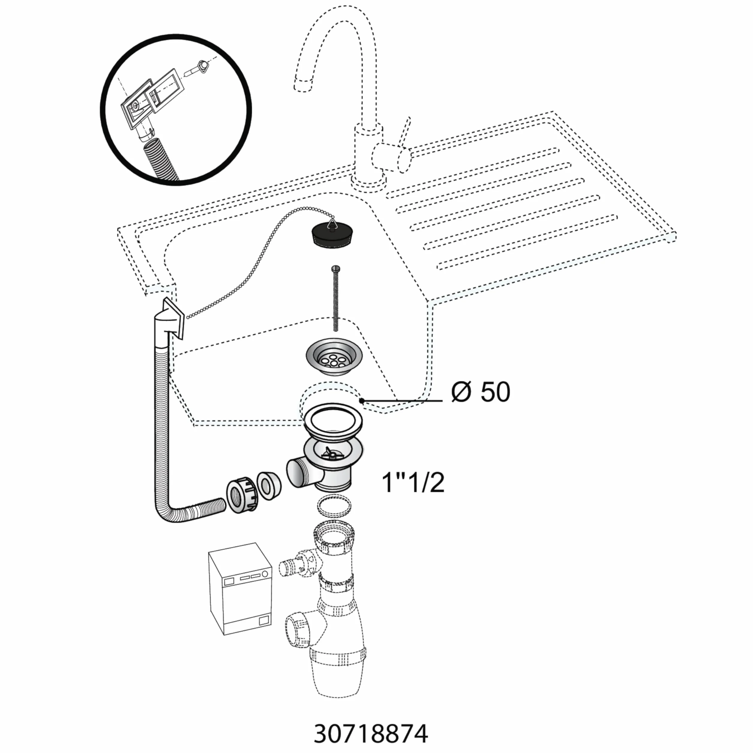 Wirquin Bonde évier cuisine 1 bac Ø50 mm bouchon trop-plein extérieur blanc