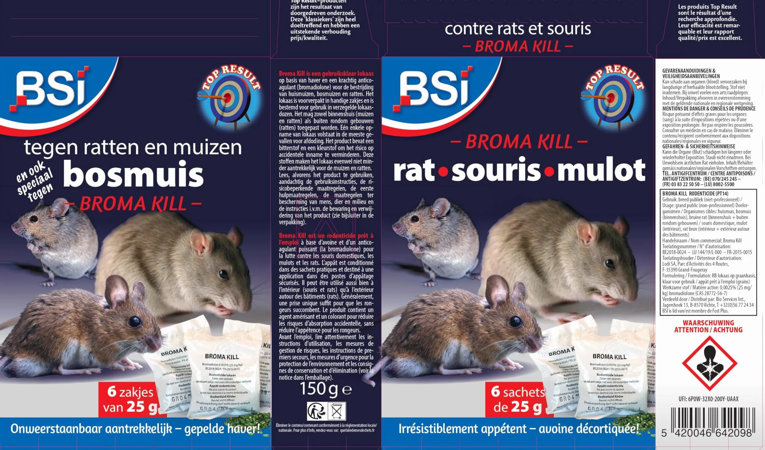 BSI - Anti Rats - Souris Et Mulots - 150g - Grains - Efficacité Radicale - Avoine Attrayante - 6 x 25g - Prêt A l'emploi - Haute Qualité - Autour comme pour La Maison, Violet