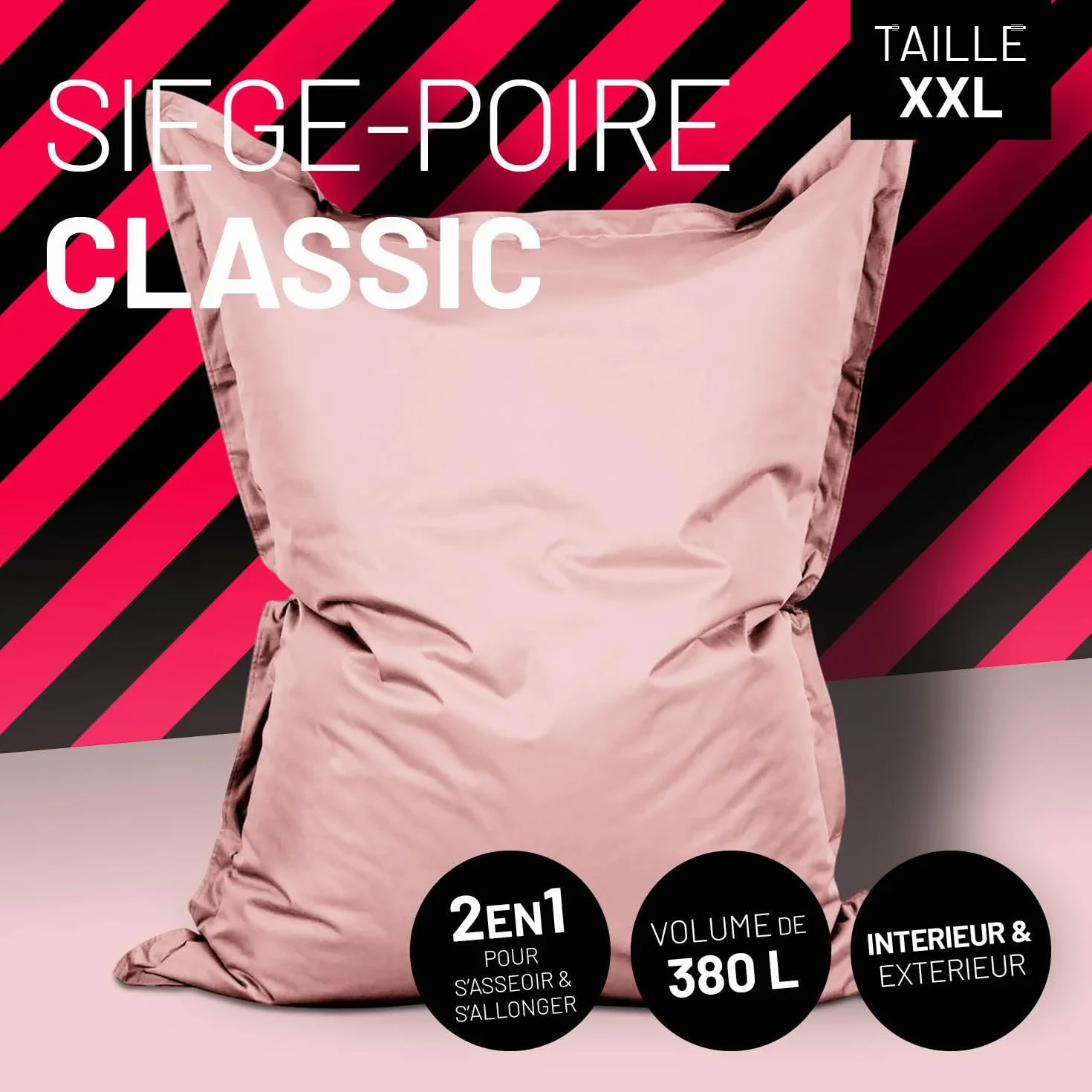 Lumaland Pouf géant XXL 140 x 180 cm | Coussin de couchage imperméable pour l'intérieur et l'extérieur avec plus de 3 millions de perles EPS adaptatives | Bean Bag avec housse lavable [Rose pastel]