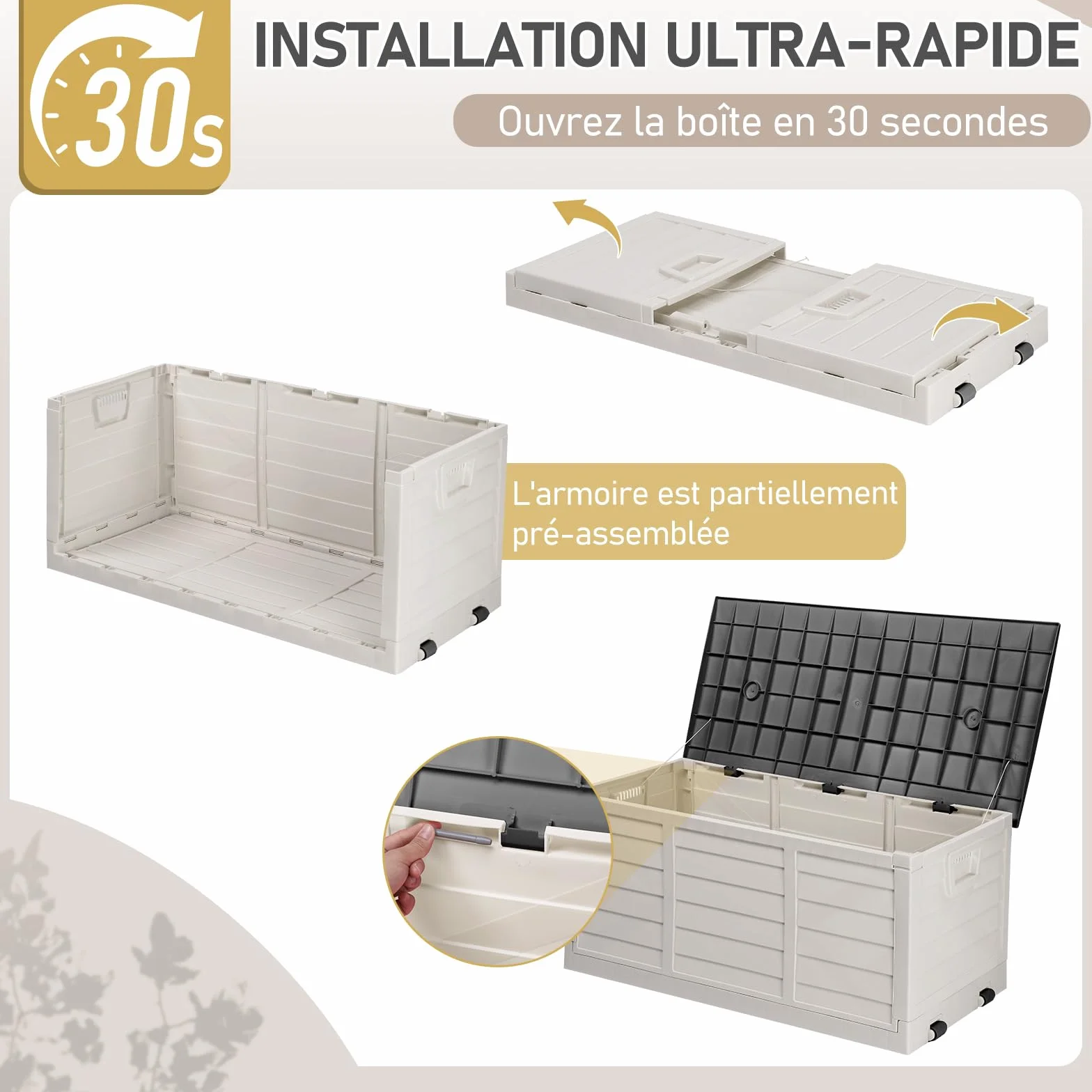 Coffre de jardin extérieur pliable 284 L imperméable résistant aux UV avec poignées et roues Noir et blanc