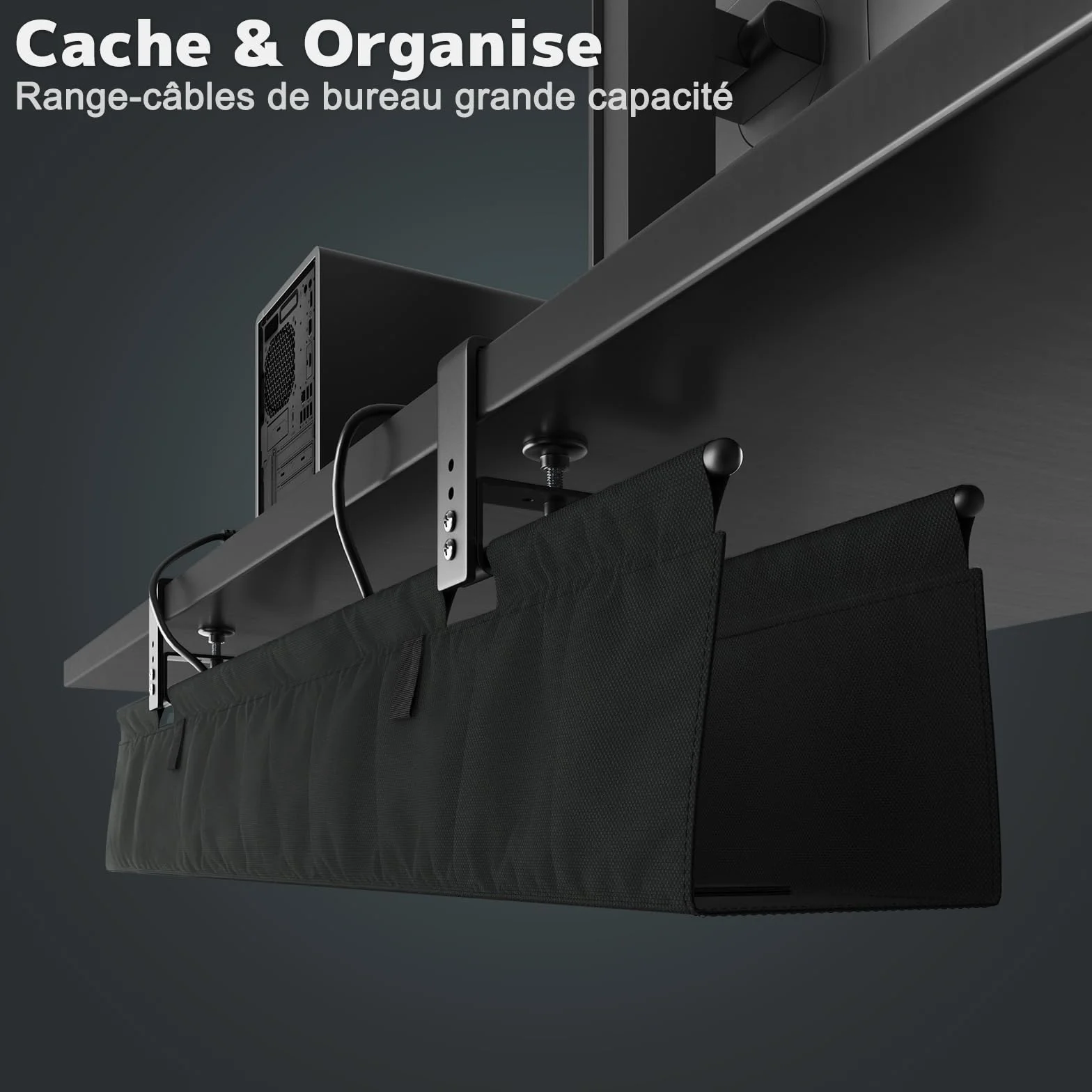 Cable Management Bureau Sans Perçage 90cm, Under Desk Cable Tray avec Fixation par Pinces/Vis, Range-Câbles Tissu Imperméable Noir