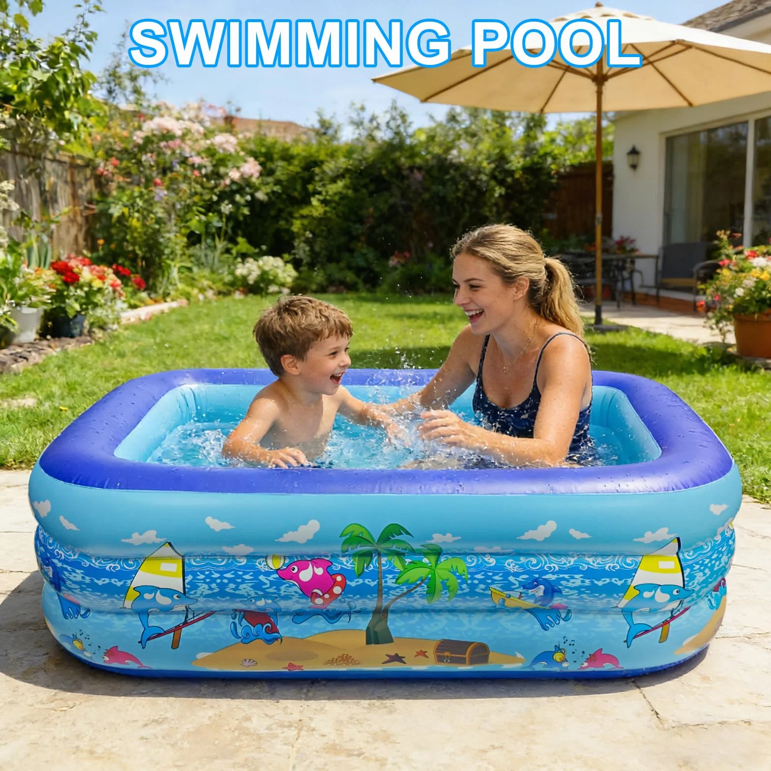 Piscine Gonflable 150 x 105 x 50 cm Fond Antidérapant pour Adultes et Animaux