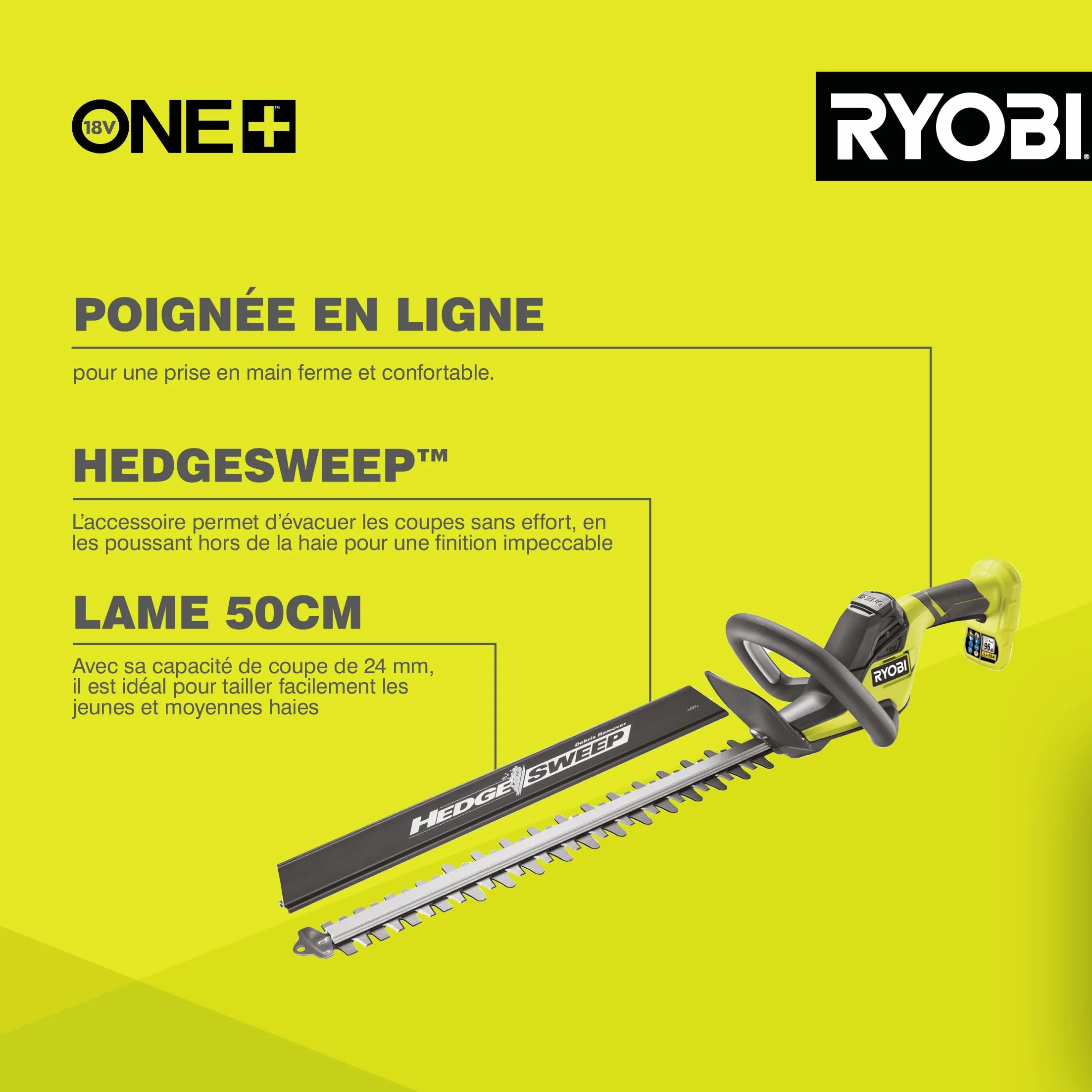 RYOBI Taille-Haies sans Fil 18V One+ RY18HT50A-0 Lame 50 cm Écartement 24mm Poignée Rotative