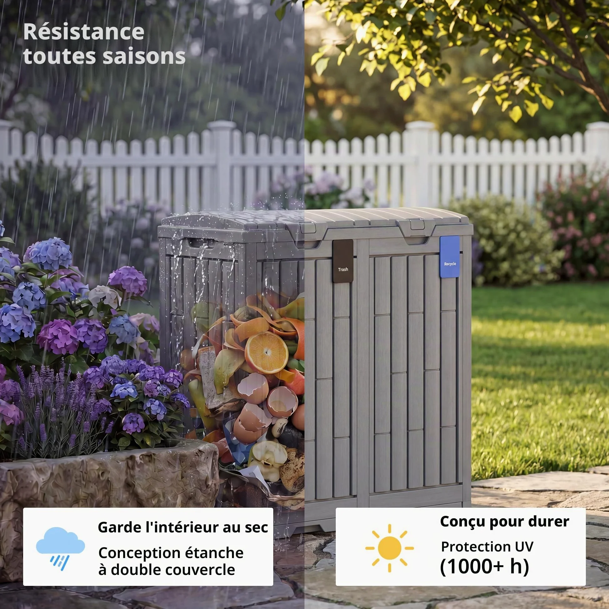 EAST OAK Poubelle d'extérieur de 280 litres | Poubelle en résine imperméable avec Couvercle à étages et Plateau d'égouttement | Poubelle extérieure pour terrasse | Cuisine, arrière-Cour et terrasse |