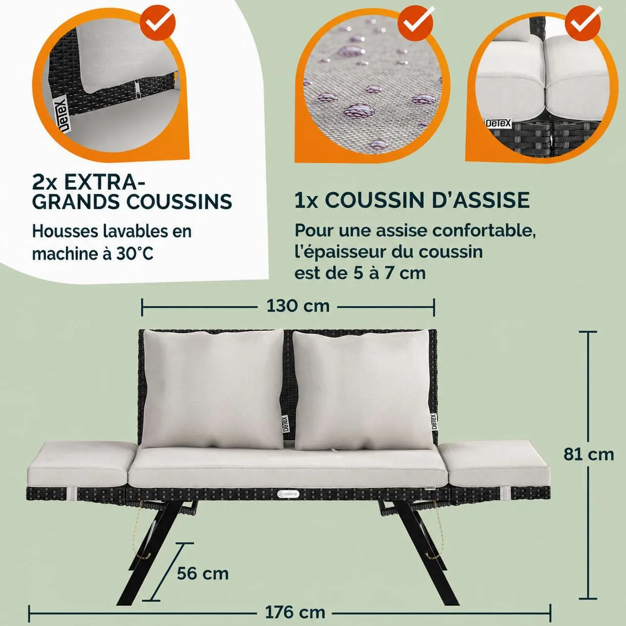 Casaria® Banc de Jardin Noir/Blanc polyrotin Fonction Chaise Longue réglables Extérieur Jardin Terrasse Balcon Canapé