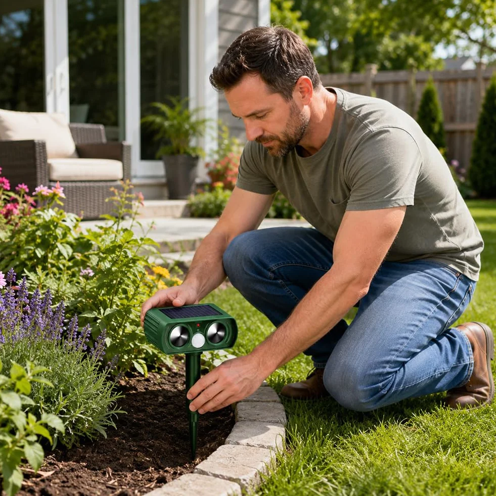 Repulsif Chat Exterieur Solaire à Ultrason, Repulsif Chat Ultrason pour Jardin, Appareil Étanche Contre Taupes, Oiseaux, Souris et Rats avec LED Clignotante (Standard)