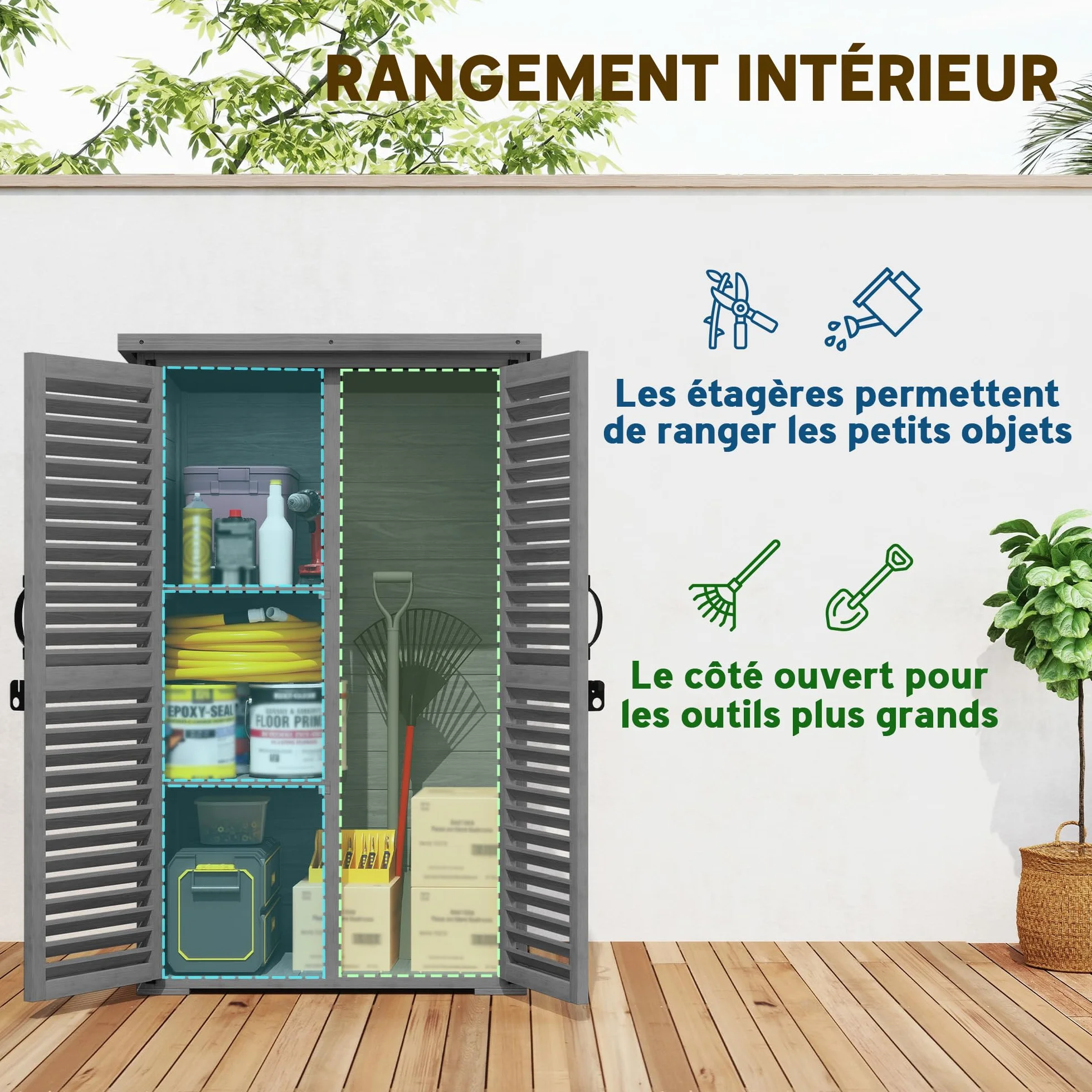 Outsunny Armoire de Jardin Remise Outils Bois 2 Étagères Toit Bitumé Portes Persiennes Verrouillable 75x50x118cm Gris