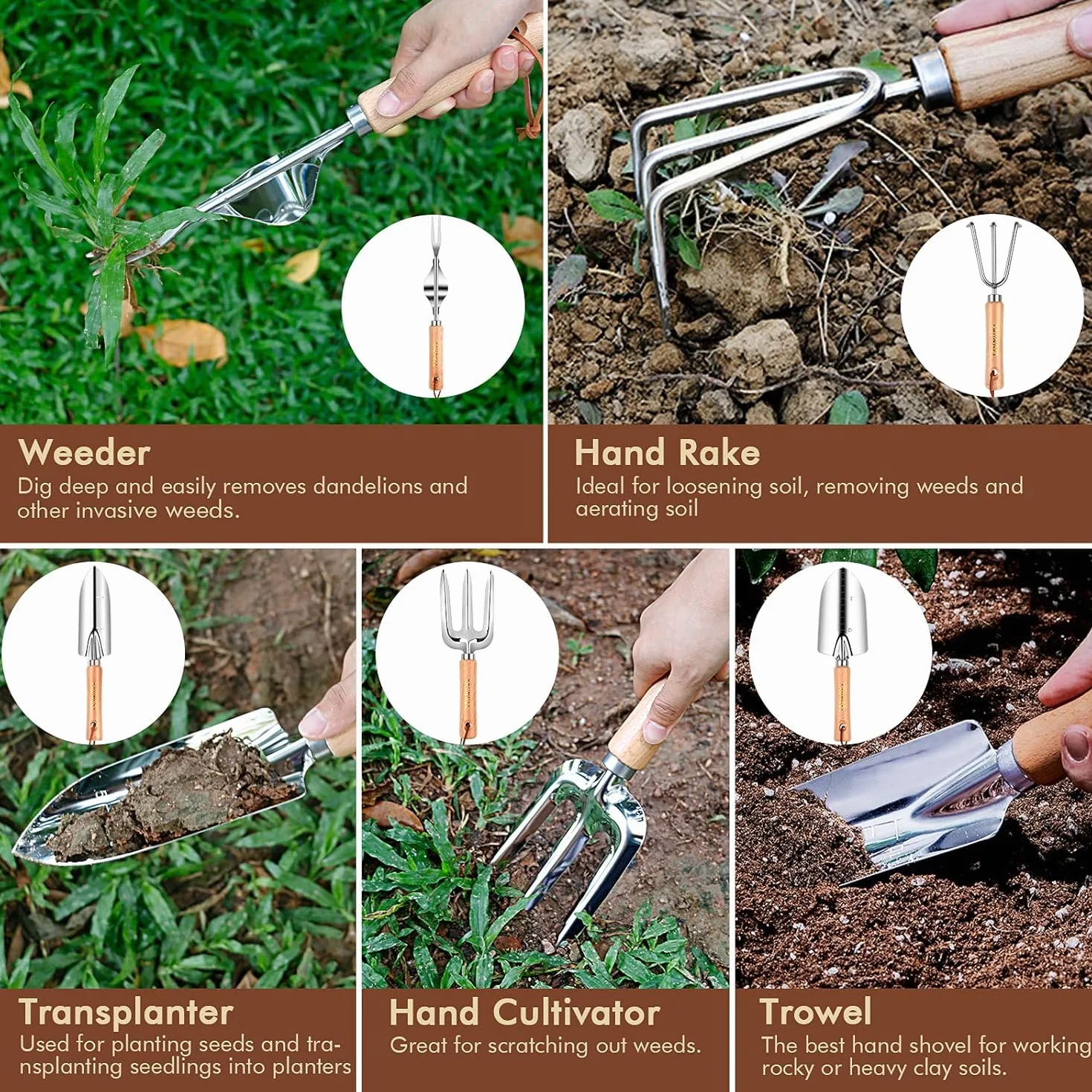 YAUNGEL Ensemble d'Outils de Jardinage, 10 Pièces en Acier Inoxydable à Usage intensif avec poignée en Bois antidérapante - Cadeaux pour Les Femmes et Les Hommes, Vert