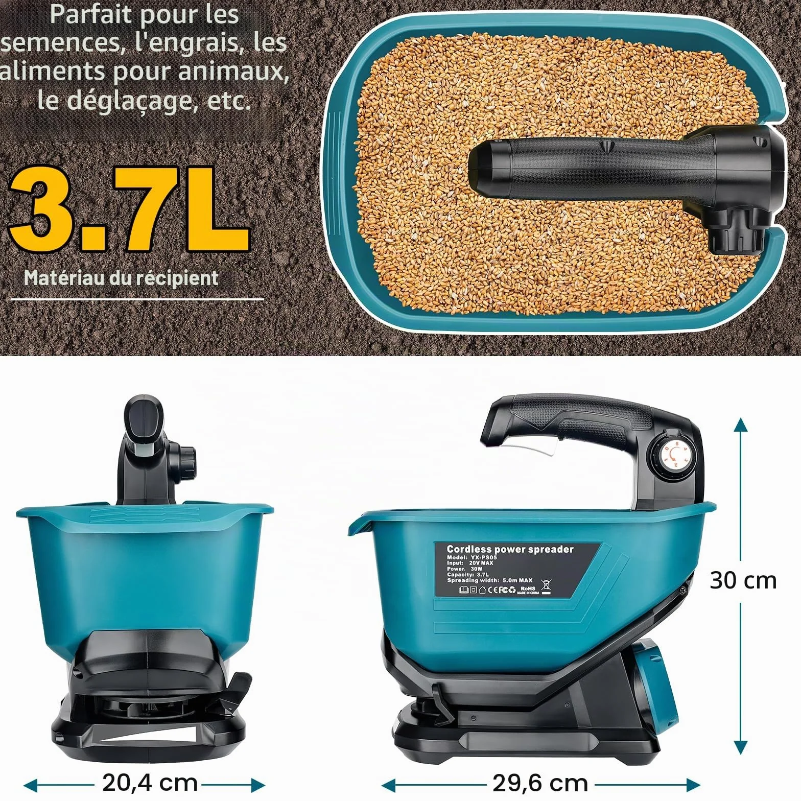 YEX-BUR Épandeur d'engrais portable pour batterie au lithium Makita 18 V, épandeur manuel avec réglage de la vitesse de rotation à 5 niveaux, 3,7 l, couvre jusqu'à 743 m² (sans batterie)