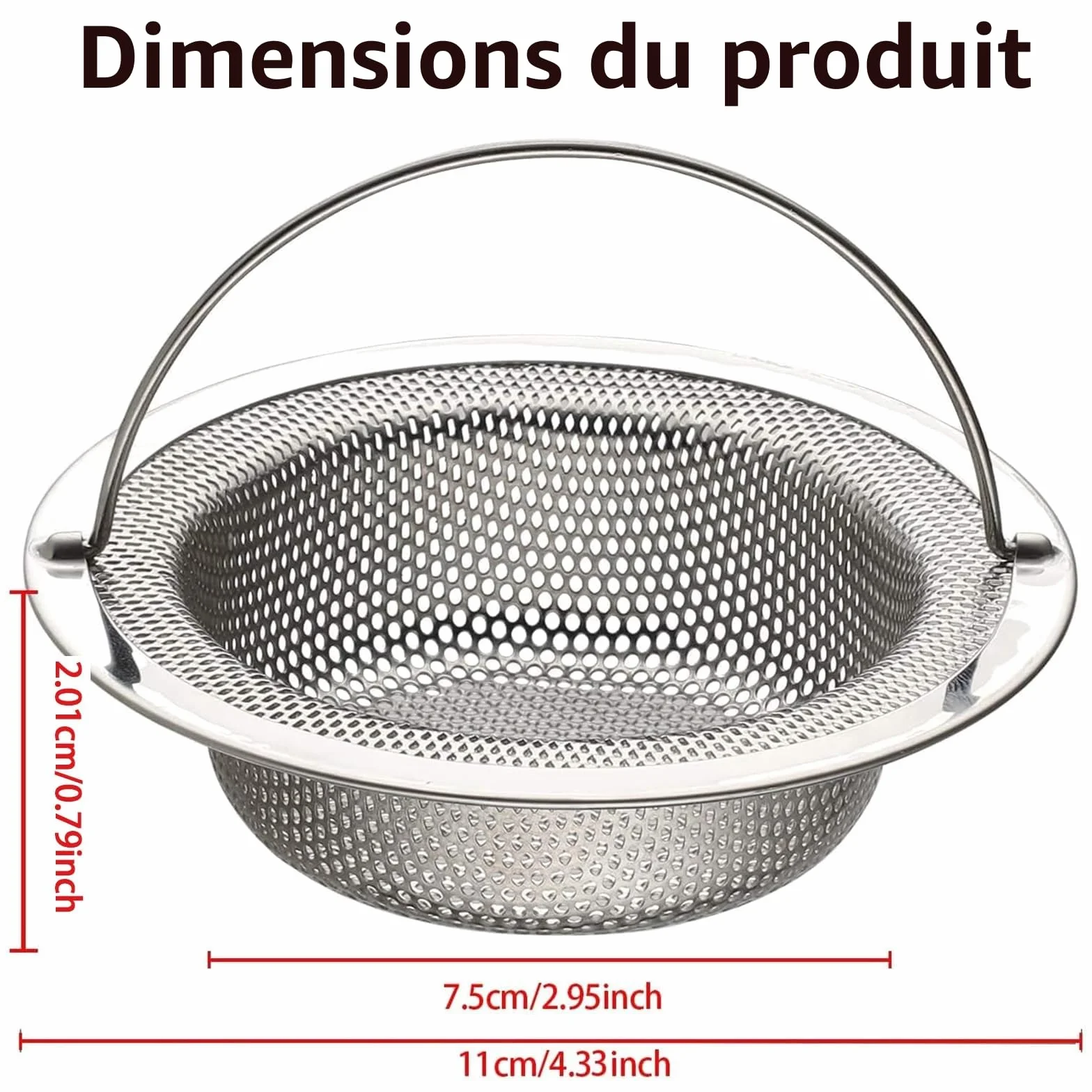 Filtre à évier de Cuisine en acier inoxydable, Crépine de Vidange avec Poignée Relevable, Lot de 2, Diamètre Extérieur 11 cm x Hauteur 2 cm