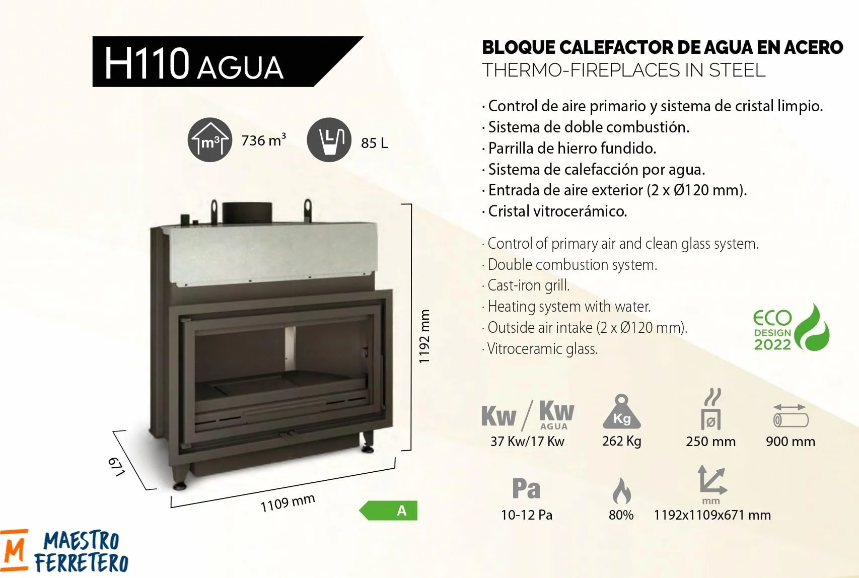 Chaudière à bois H110 38,5 kW chauffage central 400 m² rendement 83,8% sortie fumée 250 mm