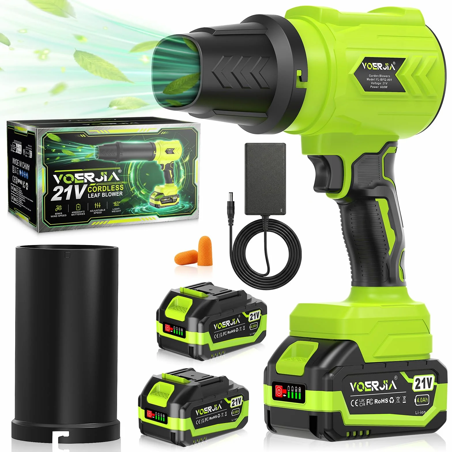 Souffleur à feuilles sans fil 21 V 4000 mAh avec 2 batteries et chargeur