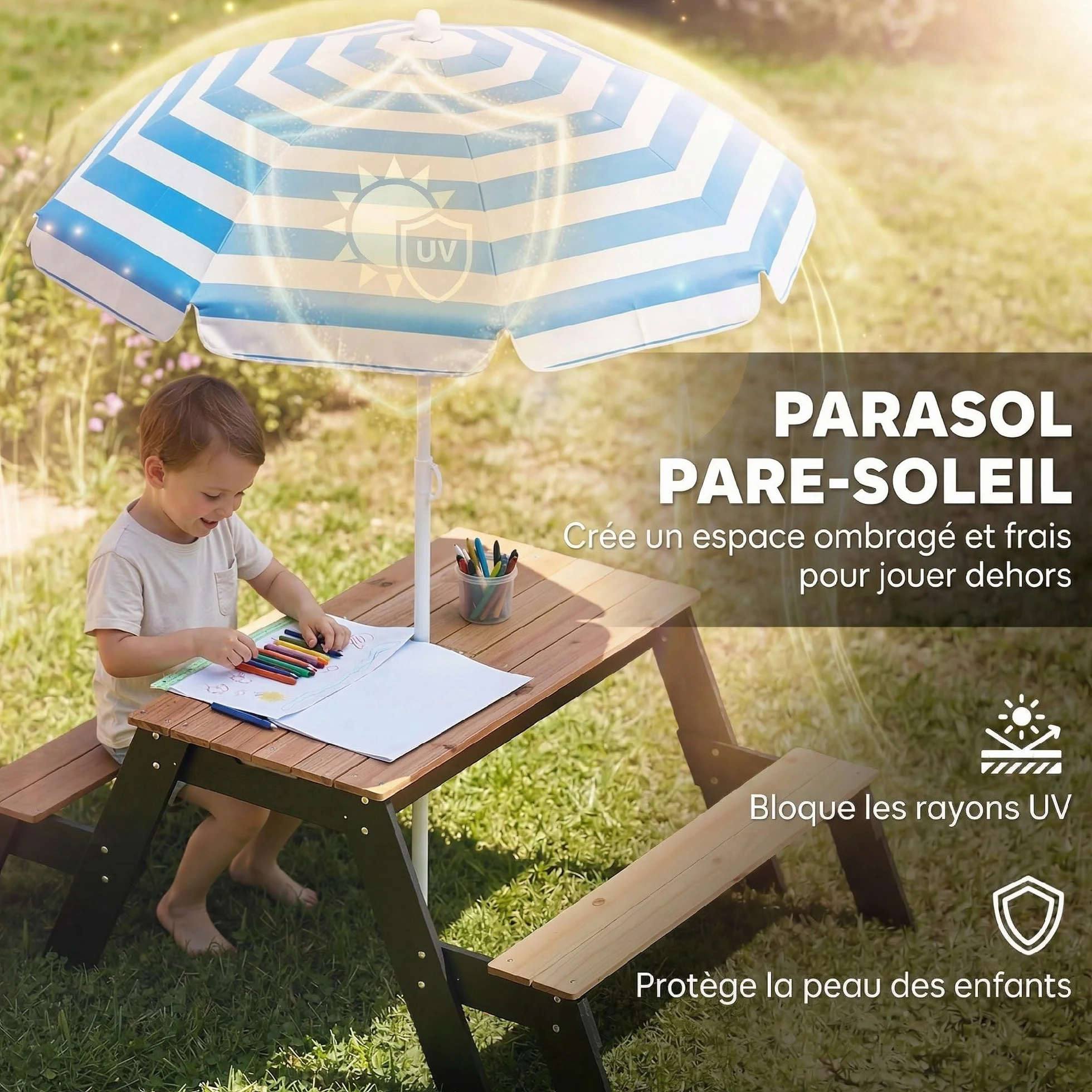AIYAPLAY Table de Pique-Nique Enfants avec Parasol Amovible 3 en 1 Salon de Jardin en Bois pour Enfants 3-6 Ans Charge 50 kg