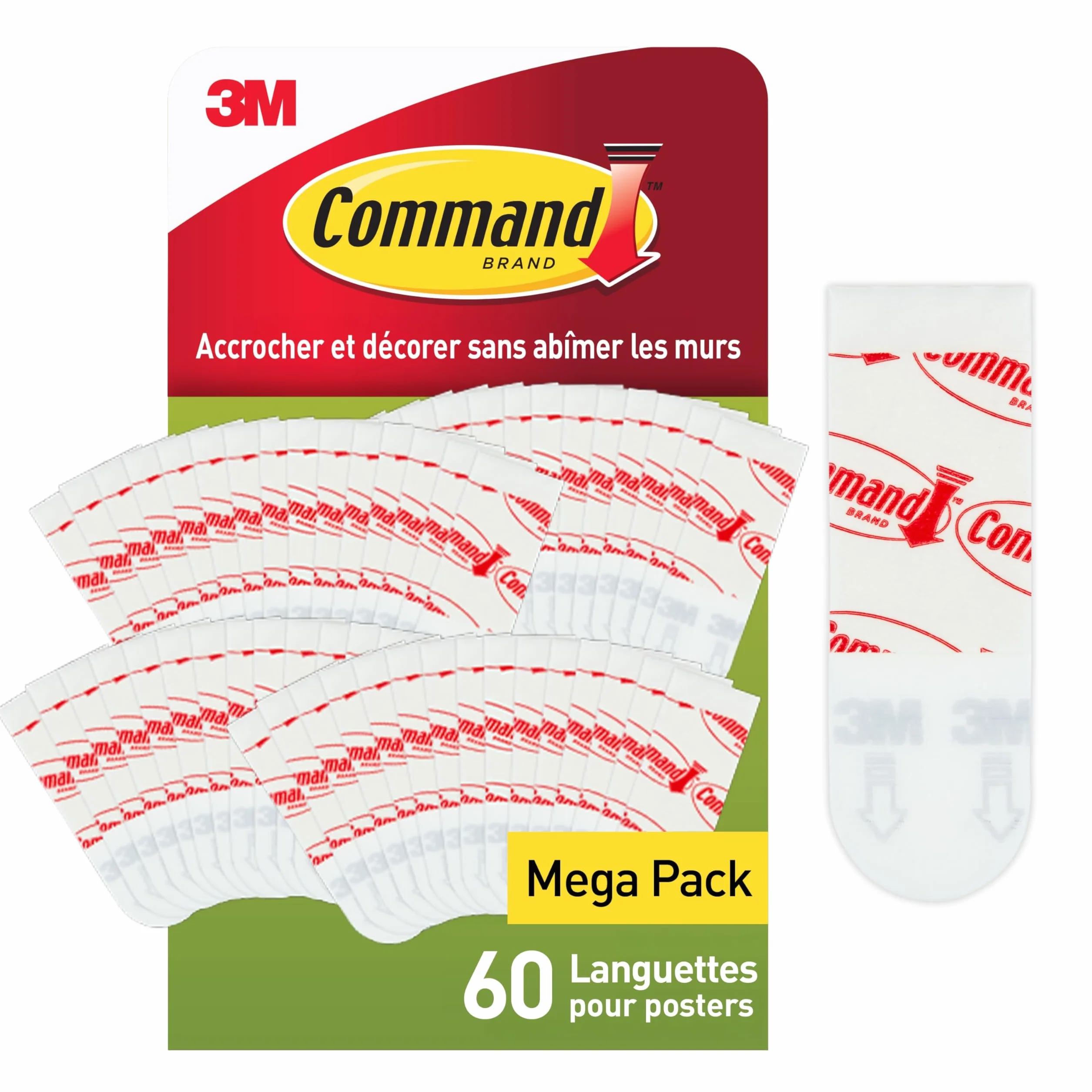 Command Bandes de Suspension pour Petites Photos, Lot de 60 Bandes Adhésives Blanches - Fixation sans Dommage pour Posters, Cadres et Miroirs