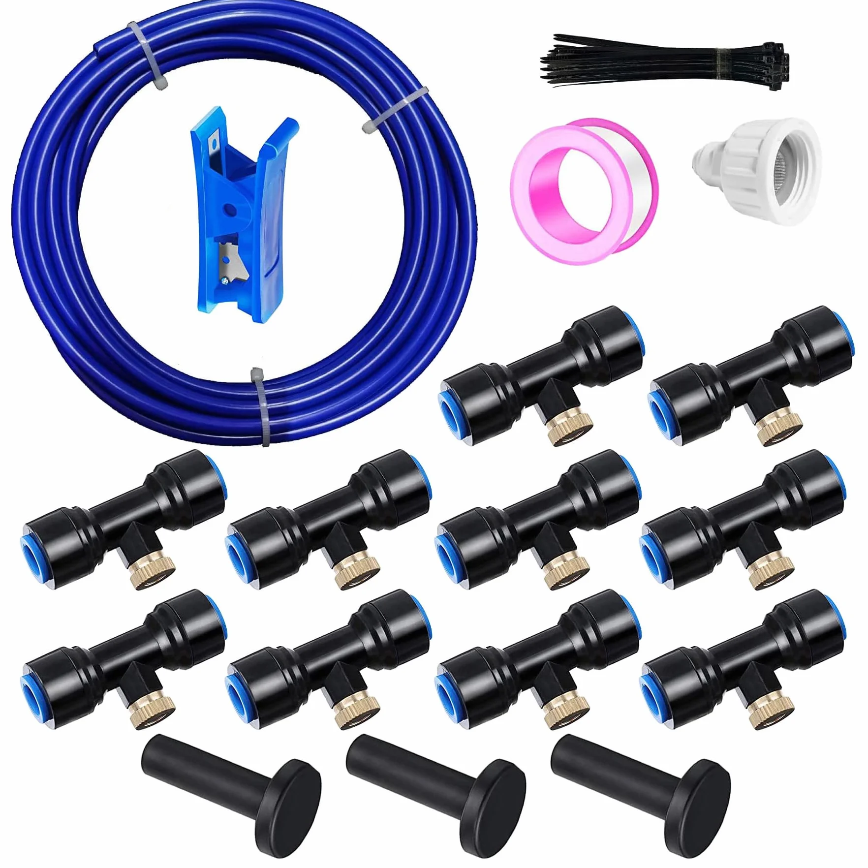 10m Kit d’Irrigation Système avec 10 Buses de Brume avec Joint en T,Système de Refroidissement parbrumisateur par Brouillard pour Jardin,Serre(Bleu