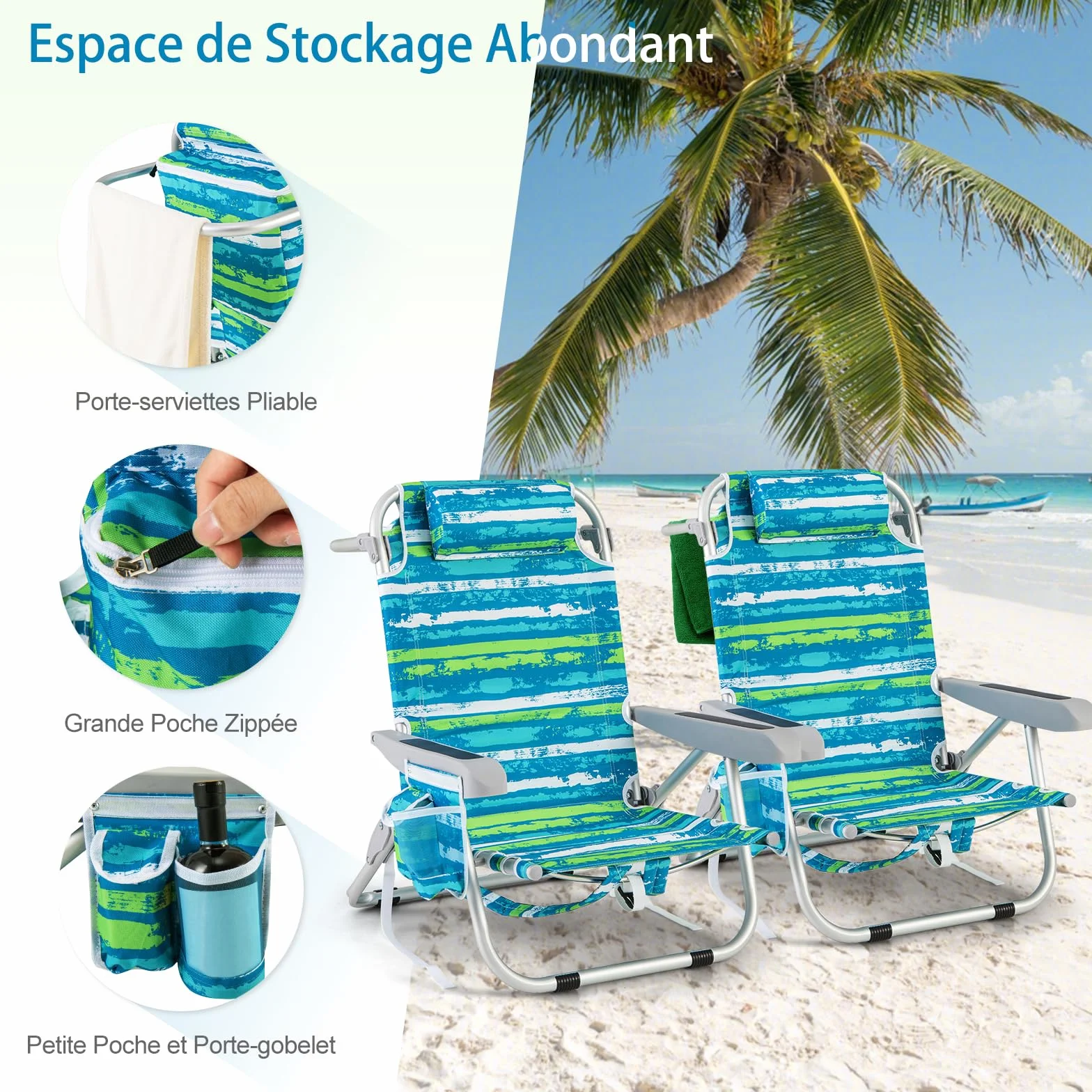 COSTWAY Chaise Longue Pliable 5 Positions Réglable Porte-Gobelet Charge 150 kg Vert