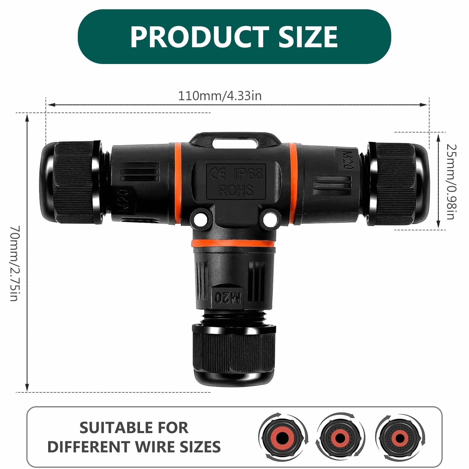 Connecteur Électrique Étanche IP68 3 Fils 4 Pièces Raccord en T Boîte de Jonction Extérieure Ø 3-12 mm