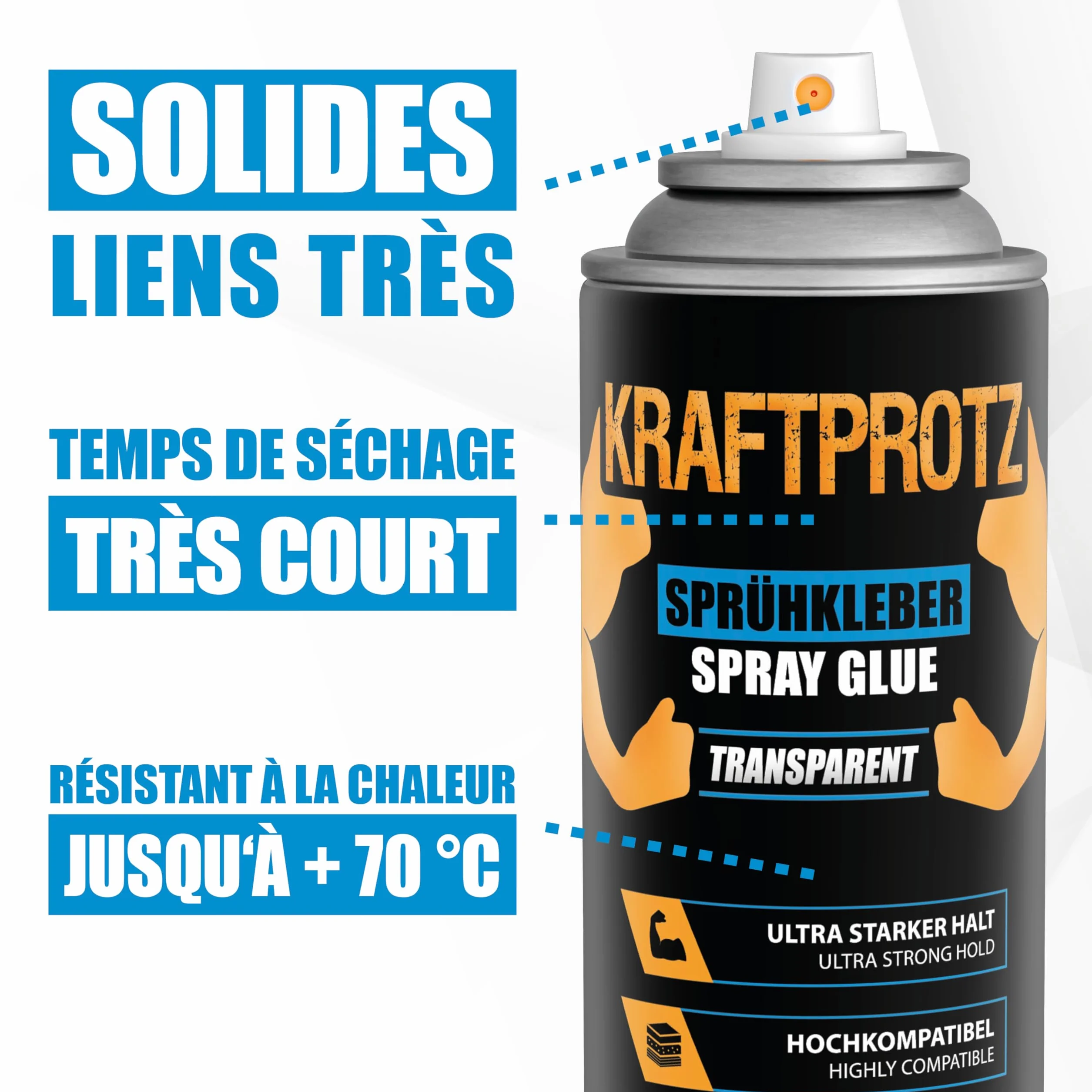 KRAFTPROTZ Colle en spray transparente ultra forte 500 ml résistante à +70 °C pulvérisation réglable