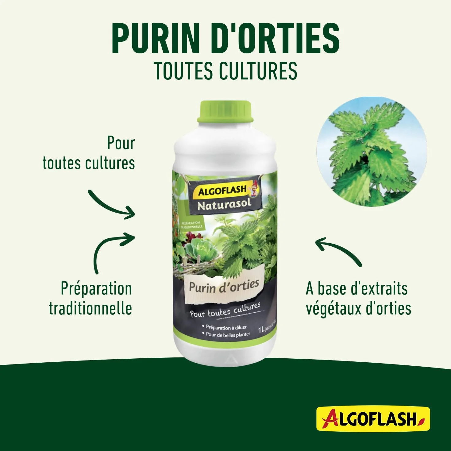 ALGOFLASH NATURASOL Purin d'orties liquide, Jusqu'à 20 L, Bouchon doseur inclus, 1L, ALPURIN, Vert