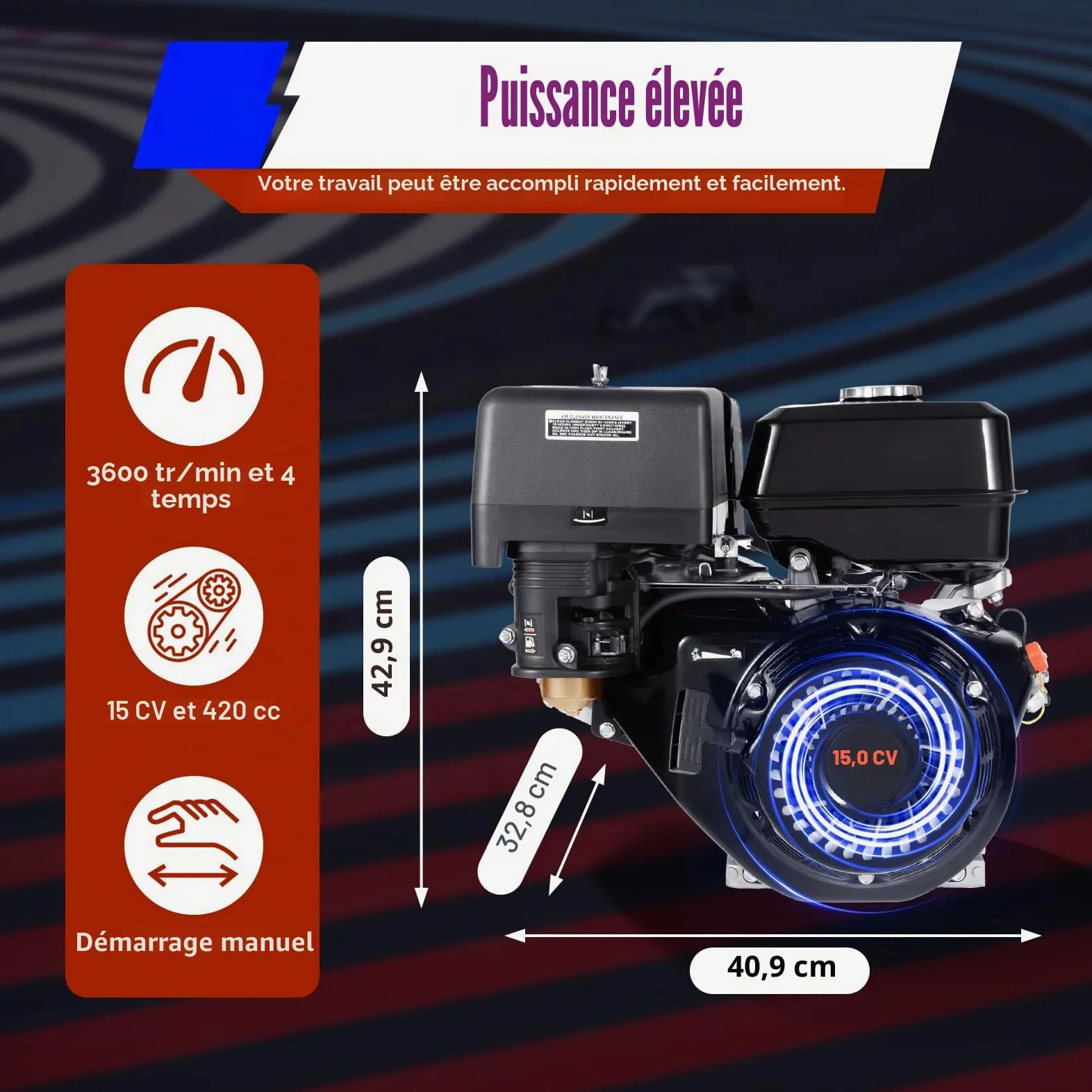 Moteur à essence 15 CV 4 temps monocylindre, Moteur fixe monocylindre pour Go-Karts, 9,7 kW 420 CC 3600 tr/min, Moteur d'entraînement portable avec fonction de protection contre le manque d'huile pour