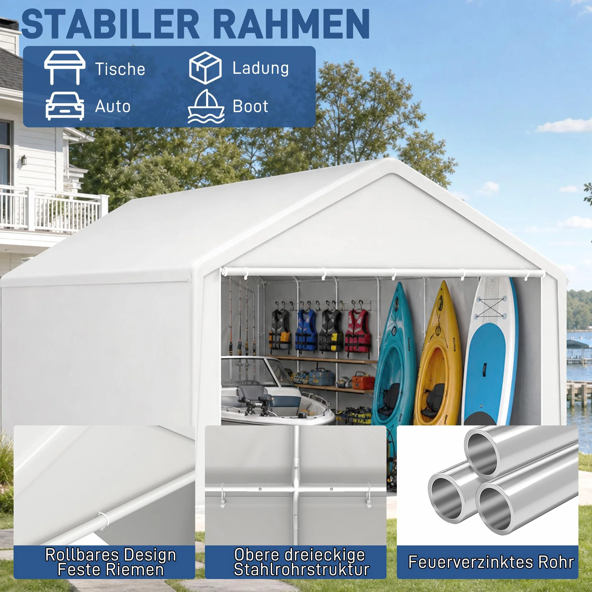 Carport Tente de garage 3 x 4 m, avec bâche en polyéthylène résistante aux intempéries, avec cadre en acier galvanisé, avec piquets et haubans, abri pour voiture, appareils et fournitures