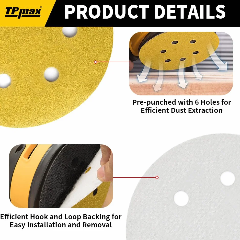 Disques Abrasifs Auto-agrippants 150mm 6 Trous 100 Pièces Grain 80 Ponceuse Orbitales
