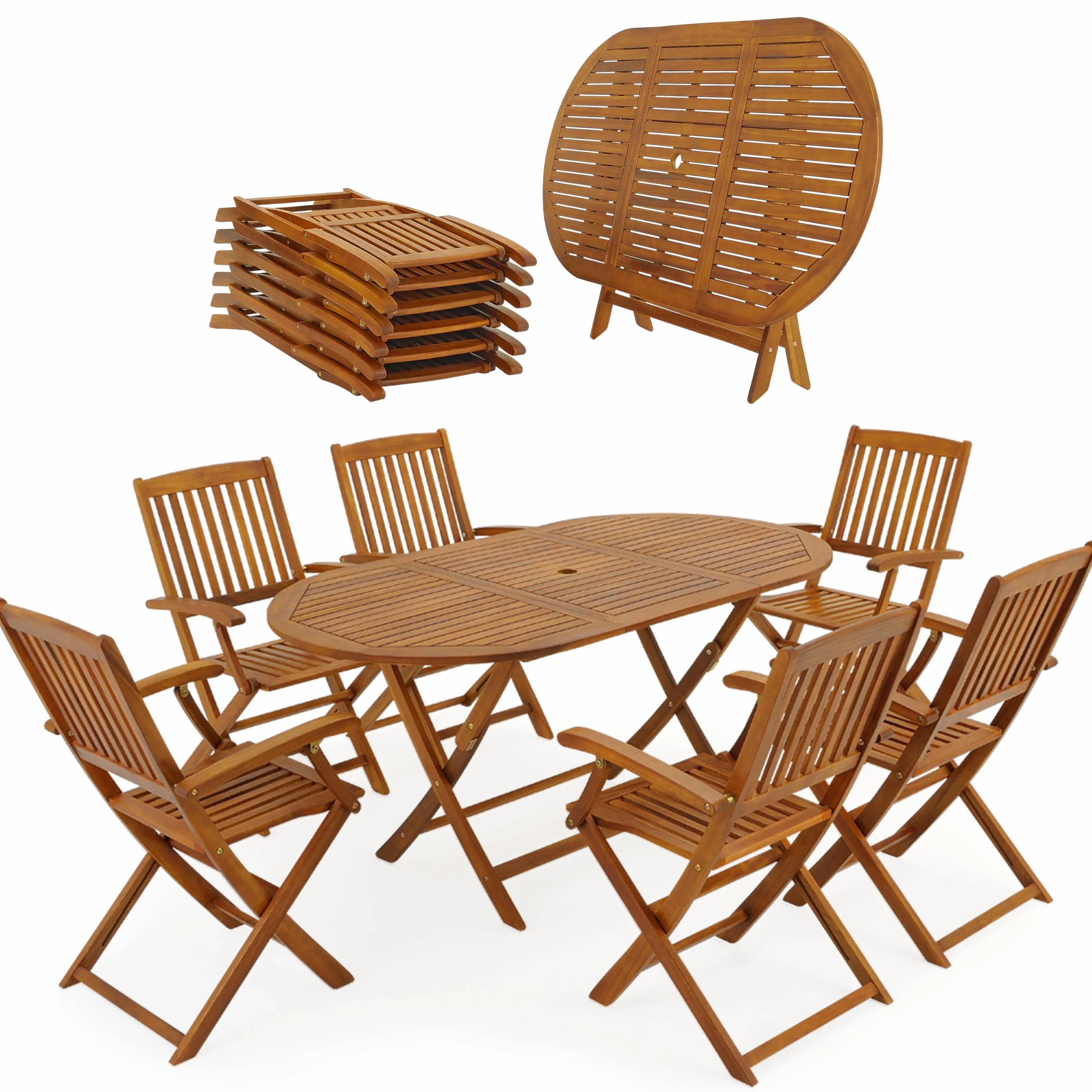 Casaria® Table De Jardin Exterieur avec Chaise 6 Personnes - Table Ovale Extensible en Bois D'Acacia, Résistant Aux Intempéries avec Trou pour Parasol Intérieur/Extérieur