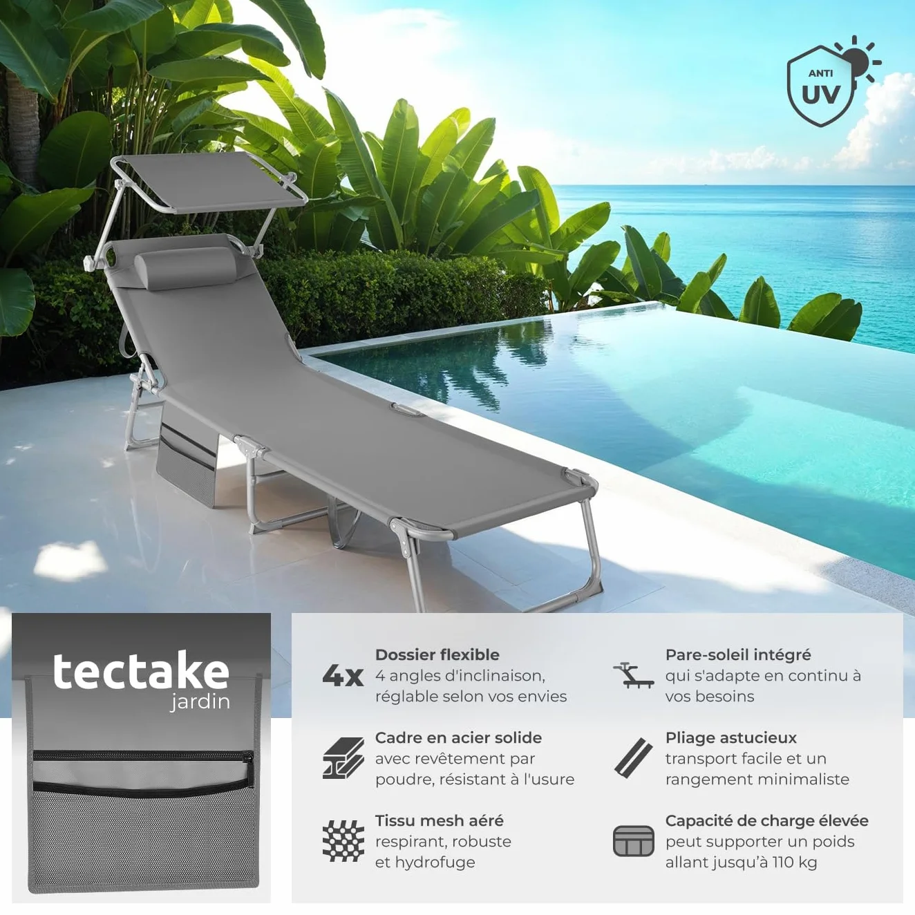tectake Chaise Longue Pliante Bain de Soleil Jardin Exterieur avec Pare Soleil Appuie-tête Pochette