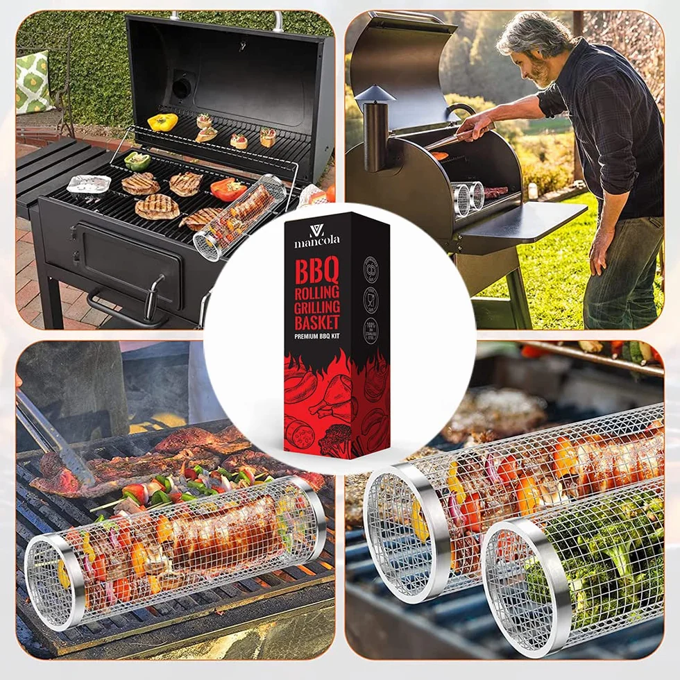 mancola 3 pcs Panier de grillade - Panier de cuisson pour grill acier inoxydable - BBQ grill pour camping - pour grill extérieur charbon de bois, support grill pour frites, poisson, crevettes，légumes