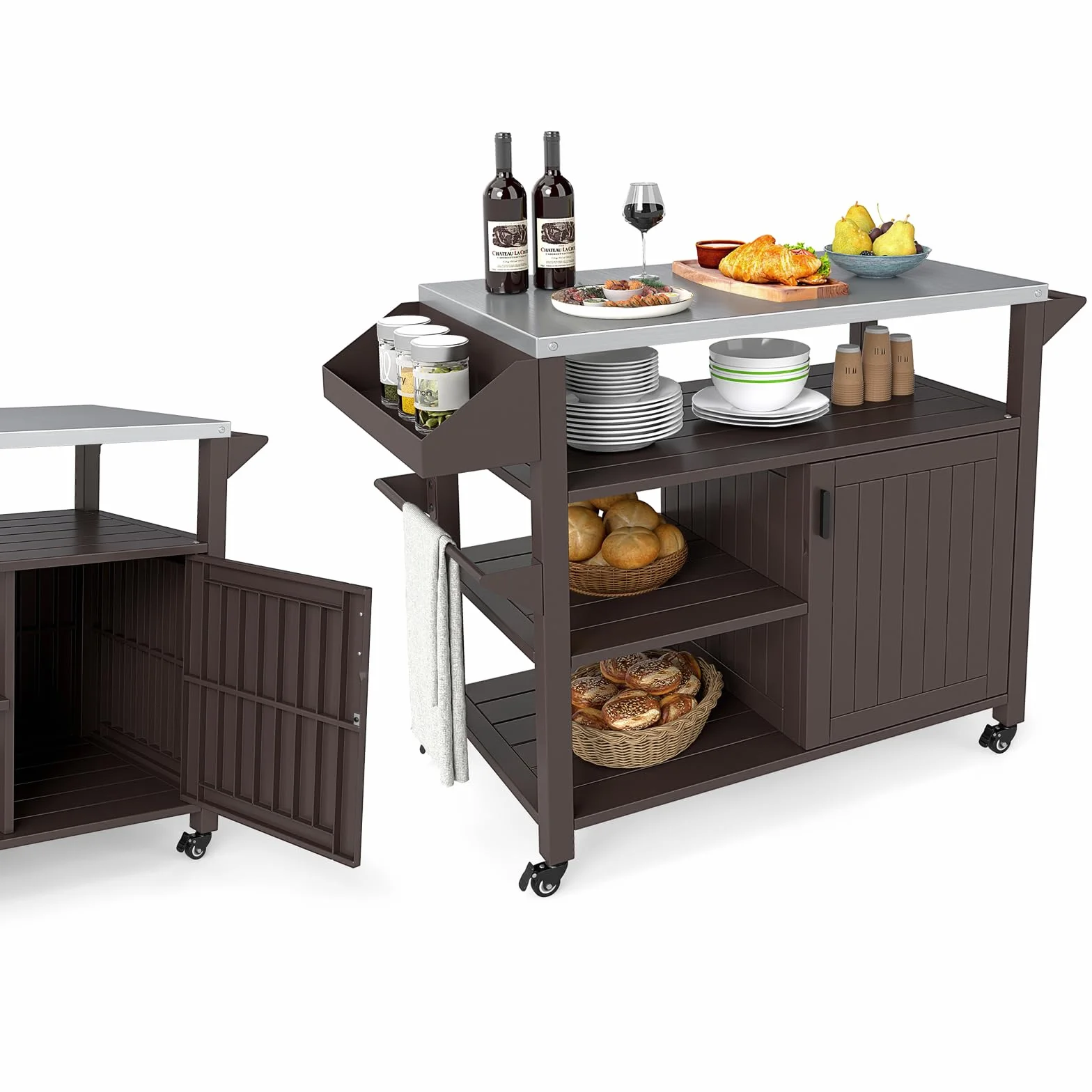 KOMFOTTEU Chariot Barbecue Acier Inoxydable avec Armoire Porte 3 Étagères Ouvertes 117 x 50 x 87 cm