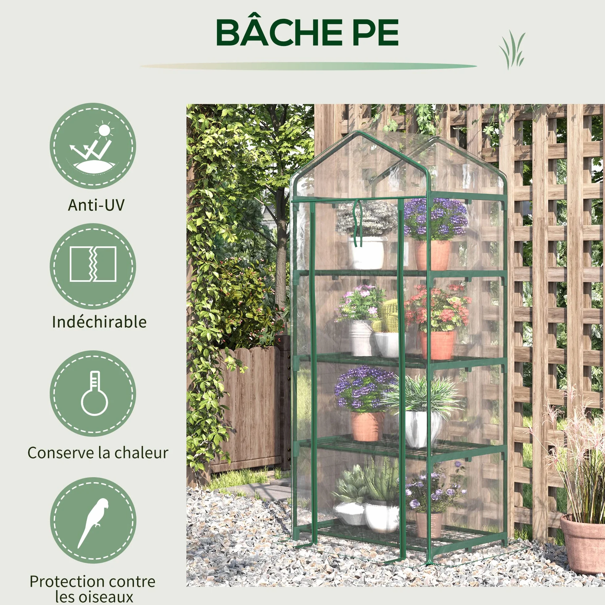 Outsunny Serre de Jardin PVC avec Étagères 4 Niveaux, Serre de Balcon, Bâche Renforcée 140g/m², Châssis en Acier, Porte Zippée Enroulable, pour Légumes et Plantes, Extérieur, 70x50x160cm, Transparente
