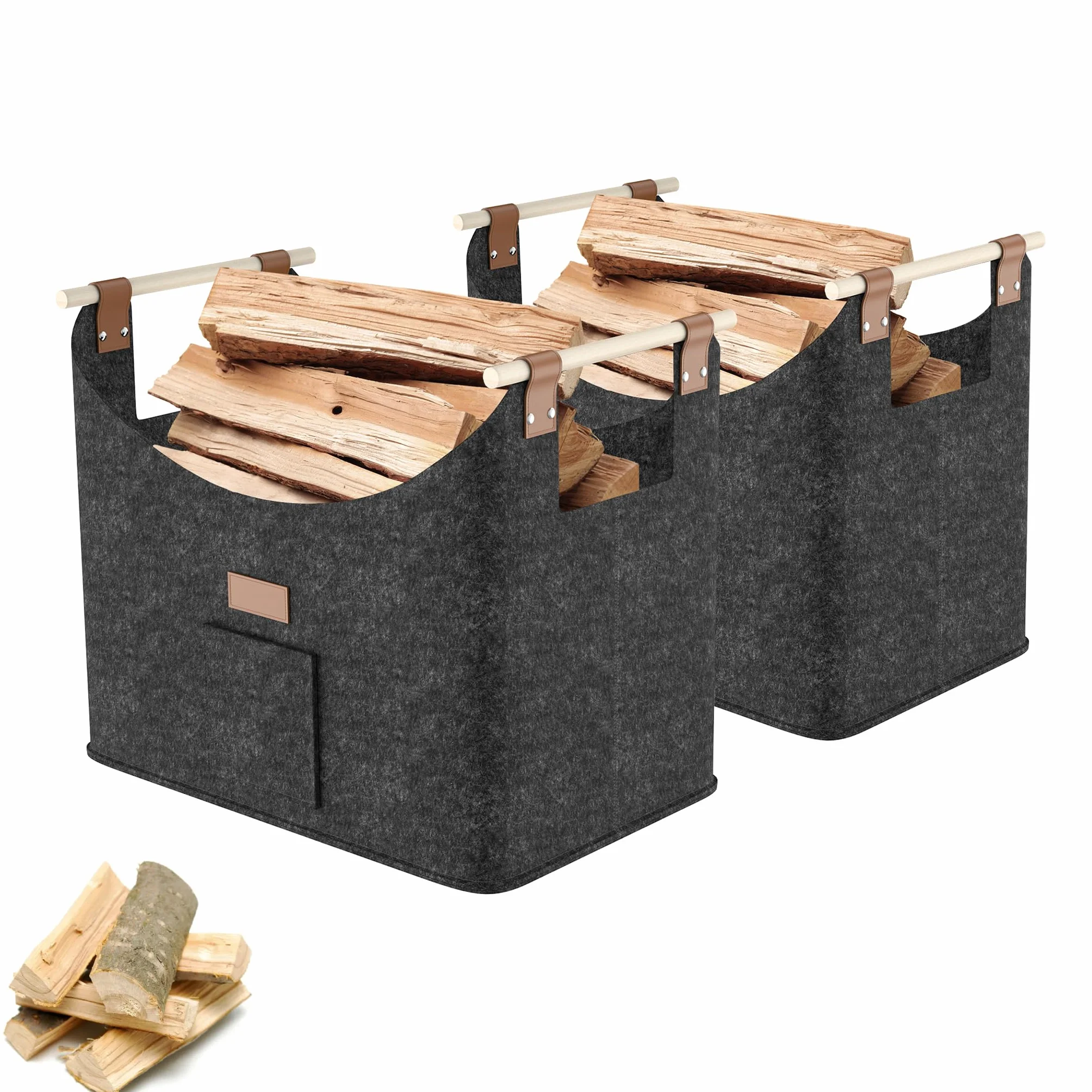 YRHome Lot de 2 paniers à bois de chauffage extra épais - Grand panier à bois de chauffage - Panier en feutre pour bois de chauffage - Cheminée avec poignées en bois - Jusqu'à 40 kg - 50 x 32 x 40 cm