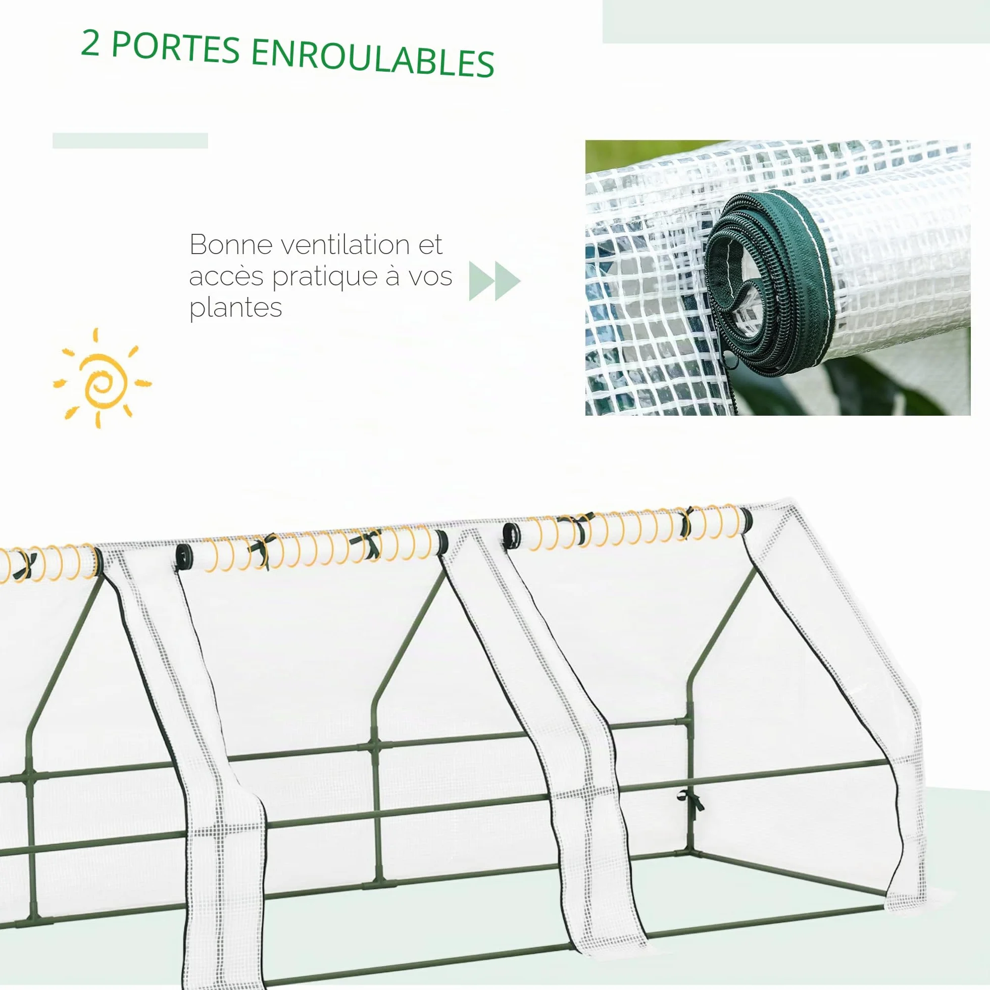 Outsunny Mini Serre de Jardin Mini Serre Tunnel 270L x 90l x 90H cm Toit Pointu Acier PE Haute densité 140 g/m² Anti-UV fenêtres avec Zip enroulables Blanc
