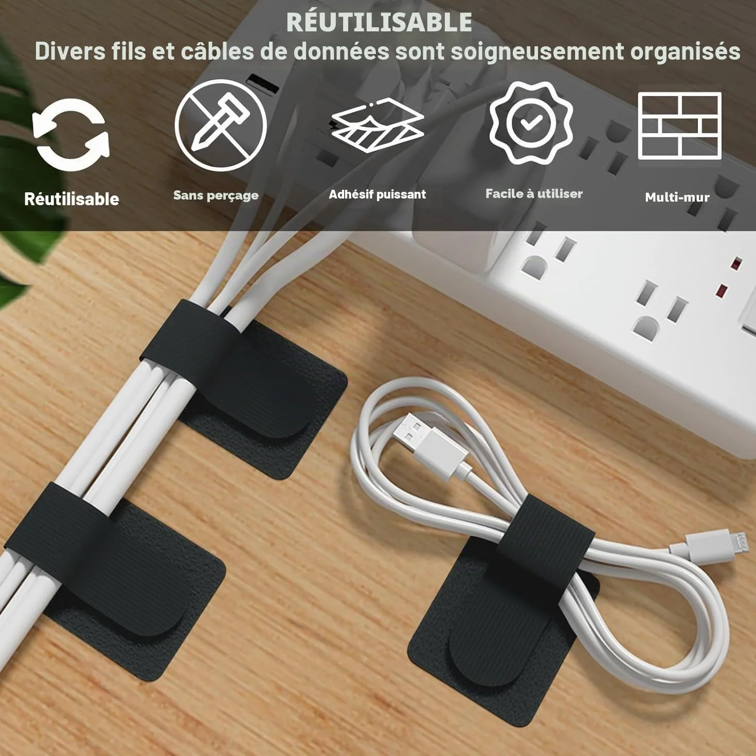 Cable Management 40 pièces organiseur câbles sous le bureau nylon réutilisable autocollant