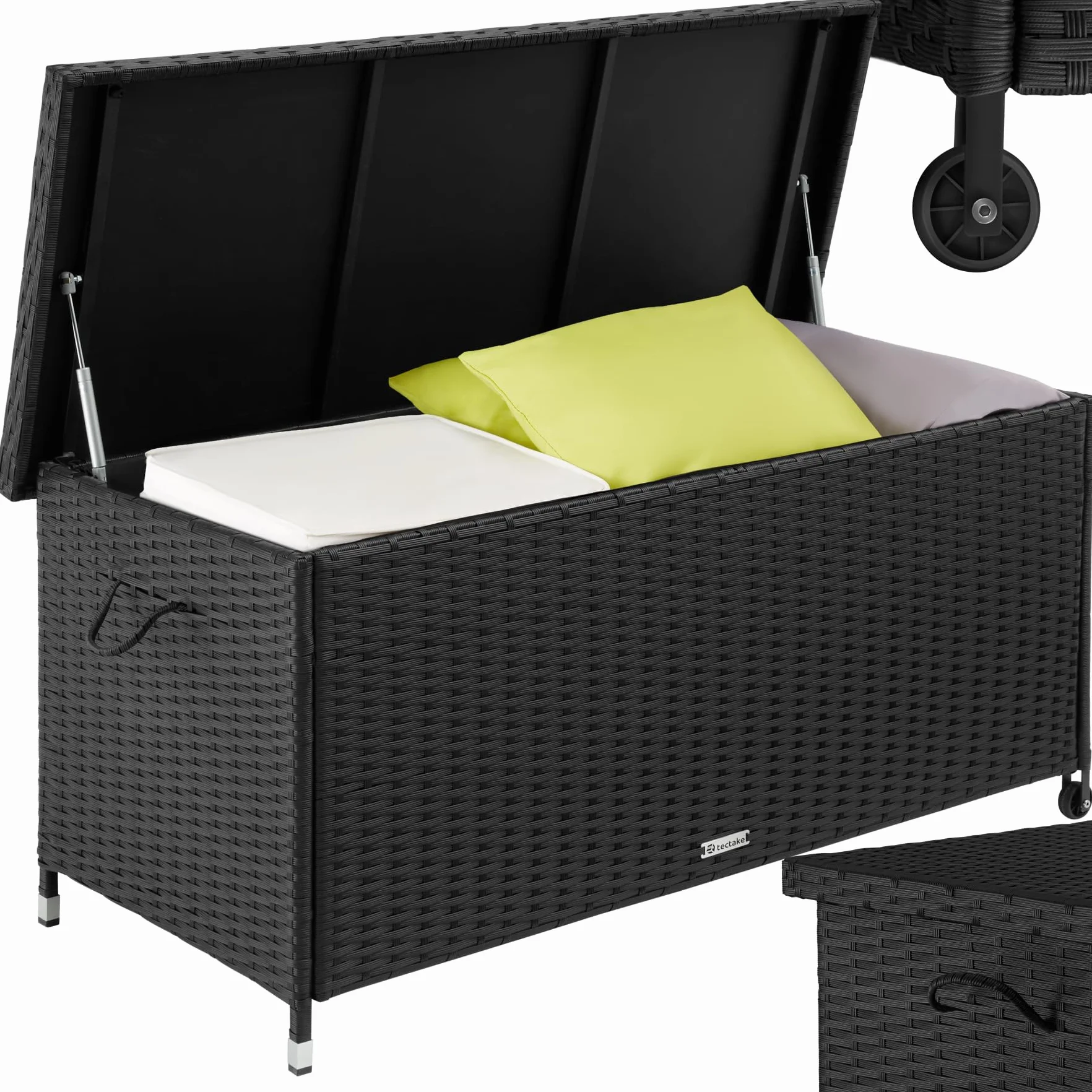 tectake Coffre de Jardin 270L Aspect Rotin 120x55x61.5cm avec Roulettes Couvercle Rabattable