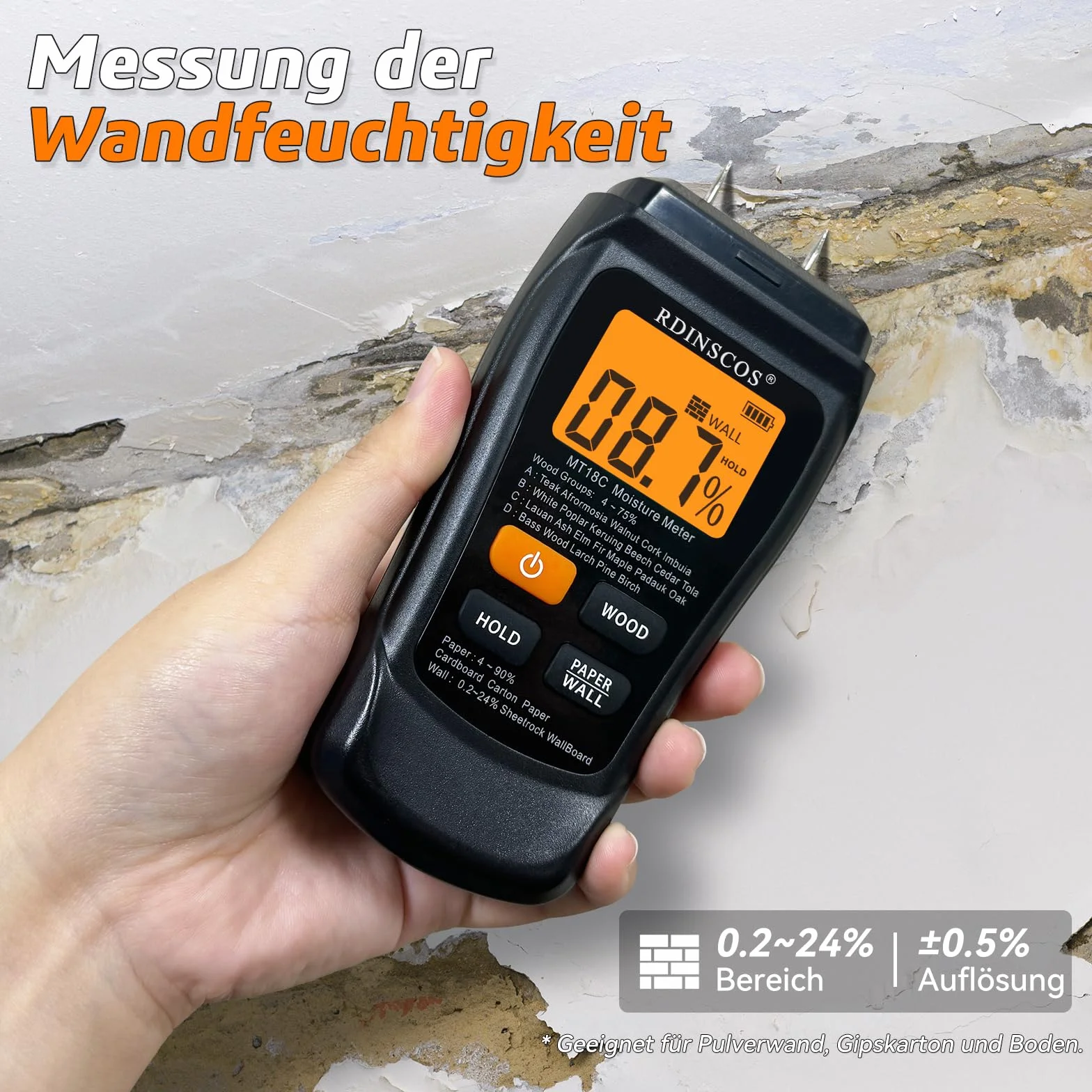 RDINSCOS Détecteur d'Humidité Hygromètre Professionnel avec Alarme Analyse Profondeur 0-10 mm pour Mur Bois Plâtre Maçonnerie