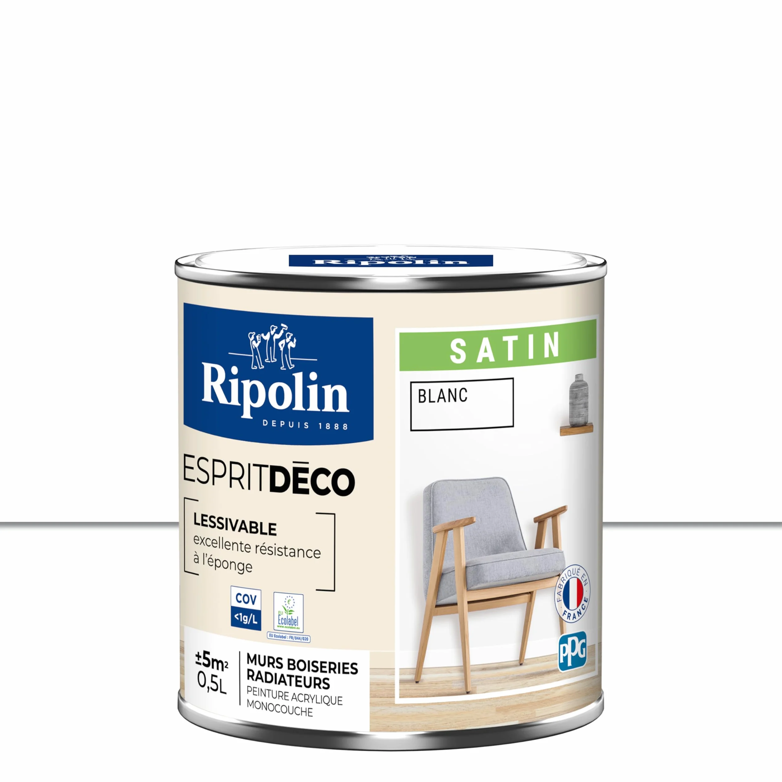RIPOLIN Peinture Intérieure Multi-Supports Satin 0,5L Blanc Ultra-Couvrante Lessivable
