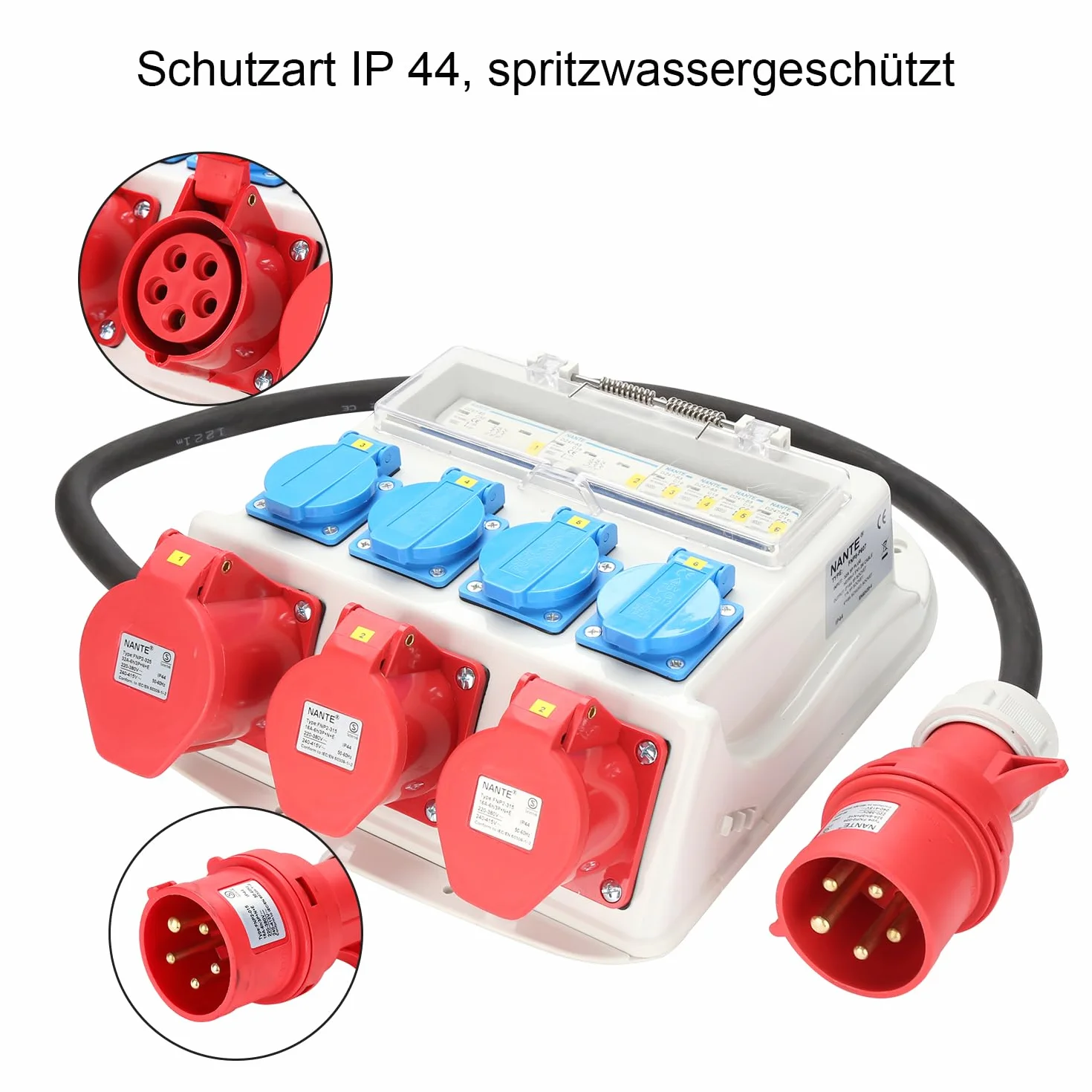 Distributeur mural CEE 16A 400V 32A 400V 230V Schuko IP44 5 pôles câble caoutchouc
