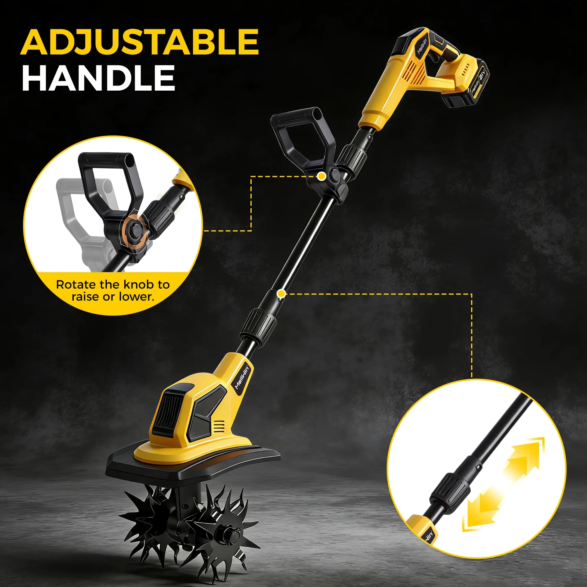 Motoculteur électrique avec 2 Batteries 4000 mAh 21 V, sans balais, motoculteur Rotatif 360 TR/Min avec Fraises en Acier,motobineuse Electrique Largeur de Travail 24 cm et Profondeur 17 cm
